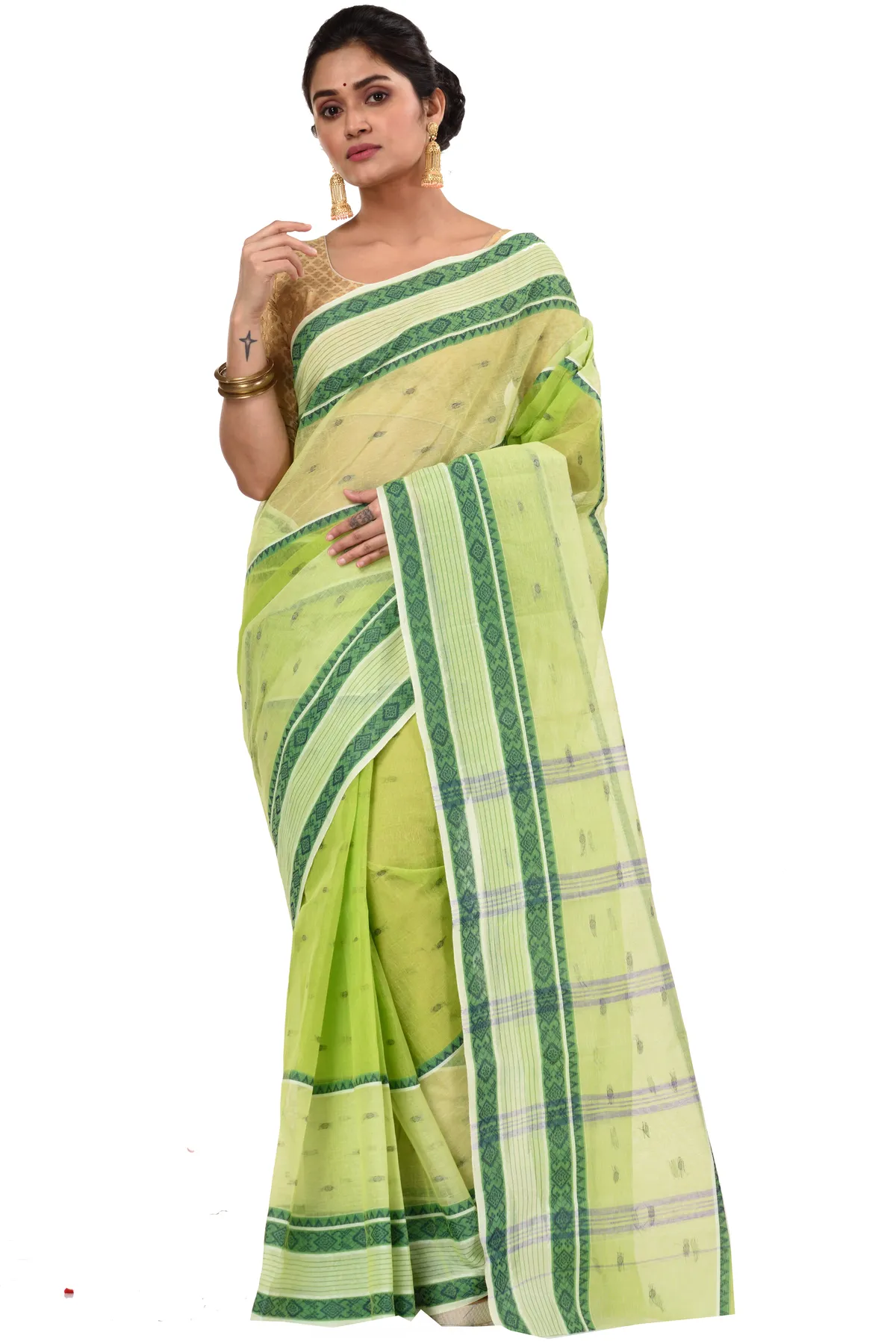 DipDiya Pure Cotton Olive Green Debdash Traditional Elegance Tant Sarees
