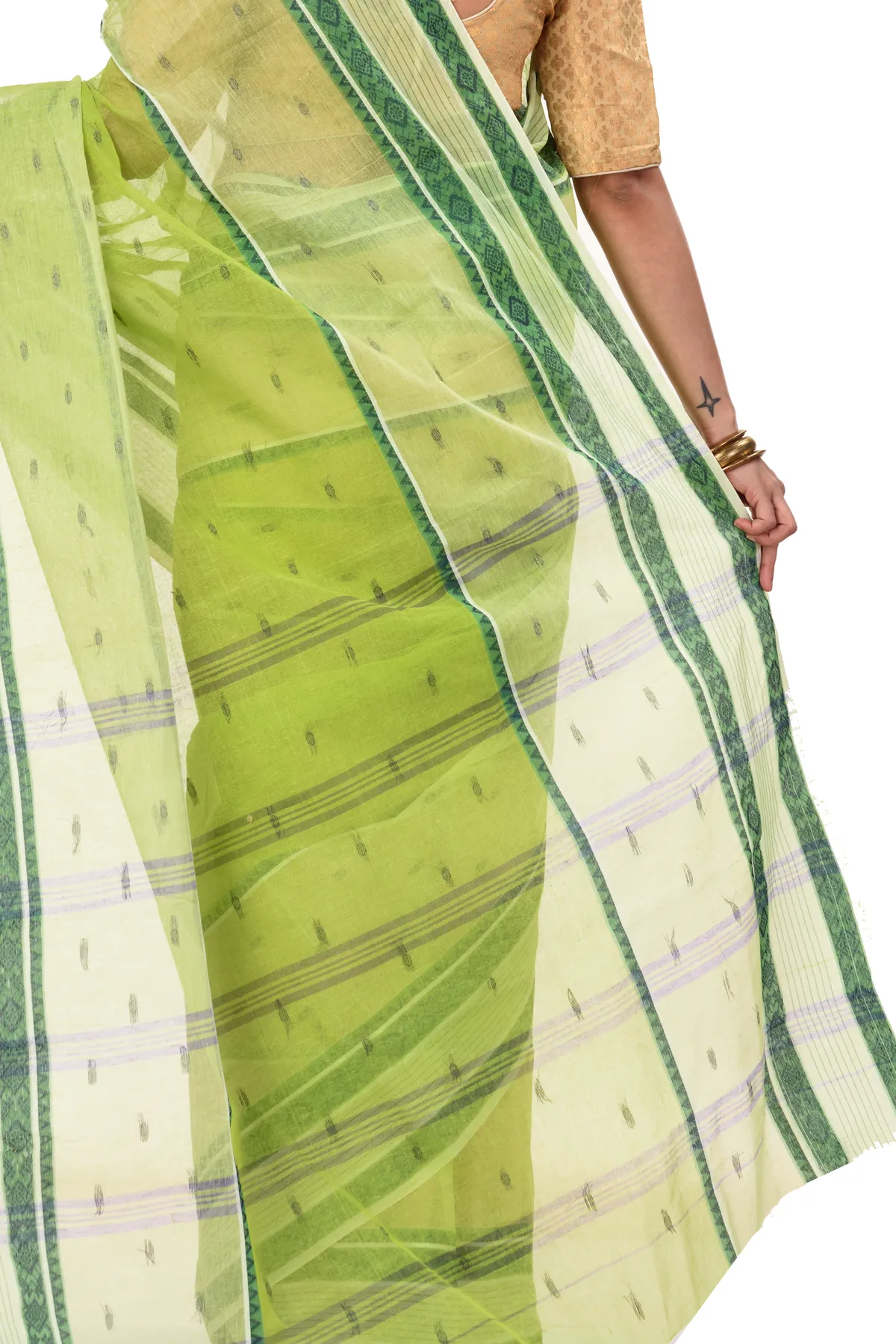 DipDiya Pure Cotton Olive Green Debdash Traditional Elegance Tant Sarees