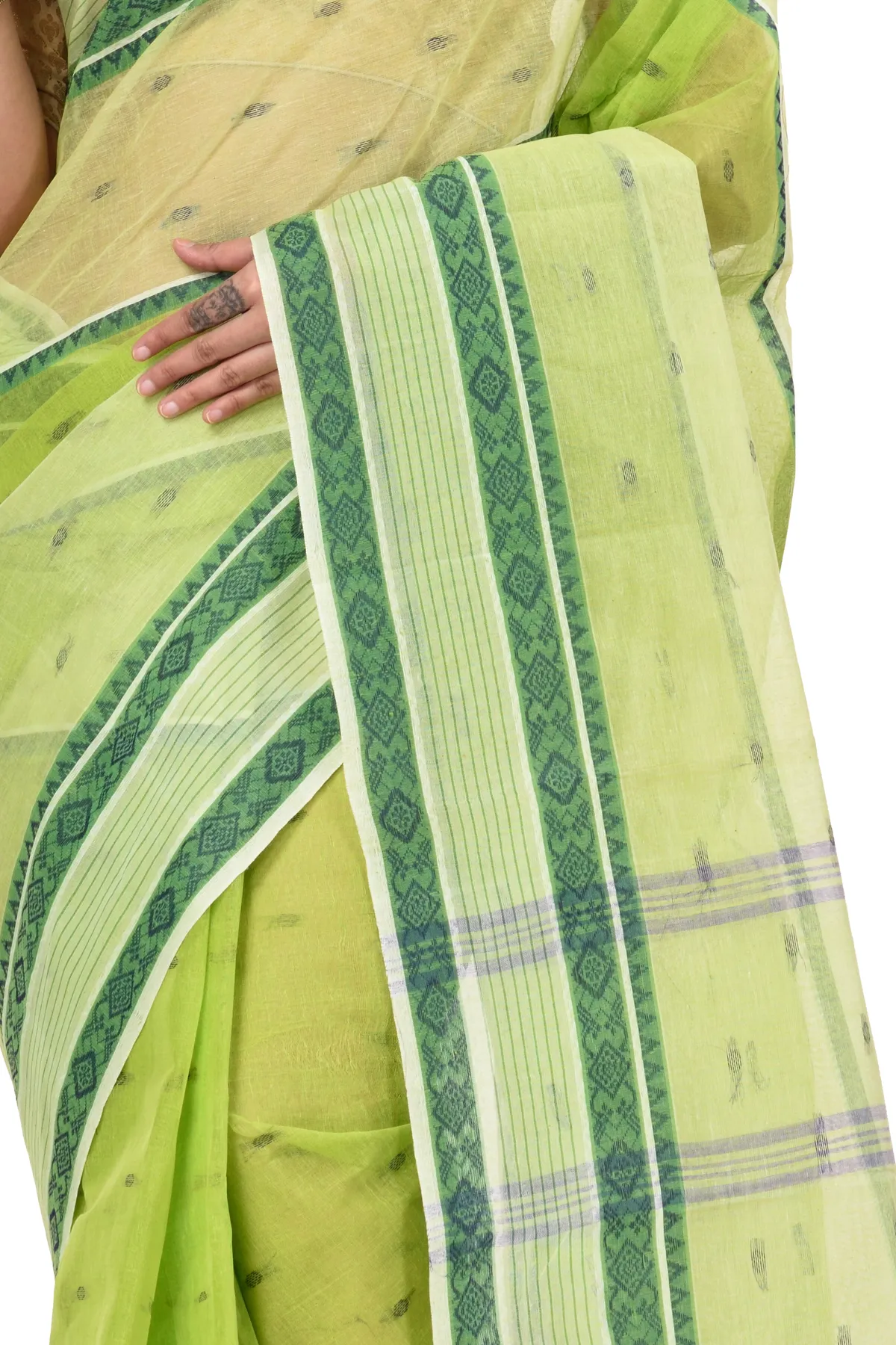 DipDiya Pure Cotton Olive Green Debdash Traditional Elegance Tant Sarees