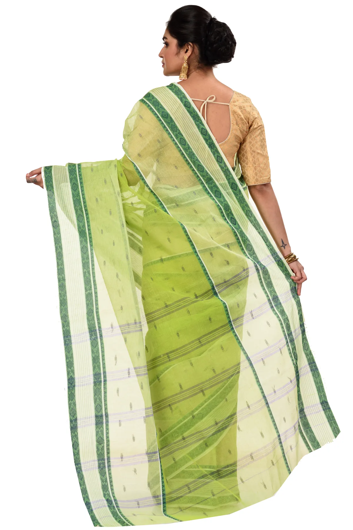 DipDiya Pure Cotton Olive Green Debdash Traditional Elegance Tant Sarees