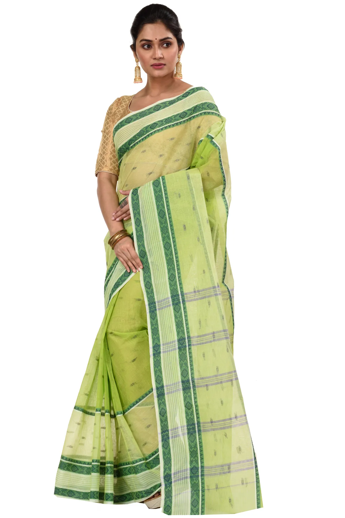 DipDiya Pure Cotton Olive Green Debdash Traditional Elegance Tant Sarees