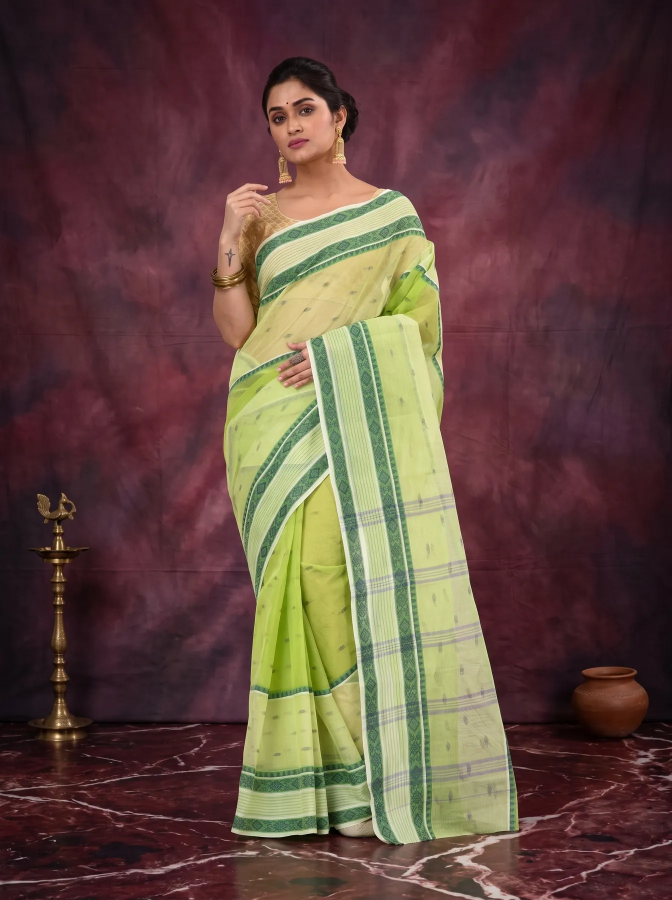 DipDiya Pure Cotton Olive Green Debdash Traditional Elegance Tant Sarees