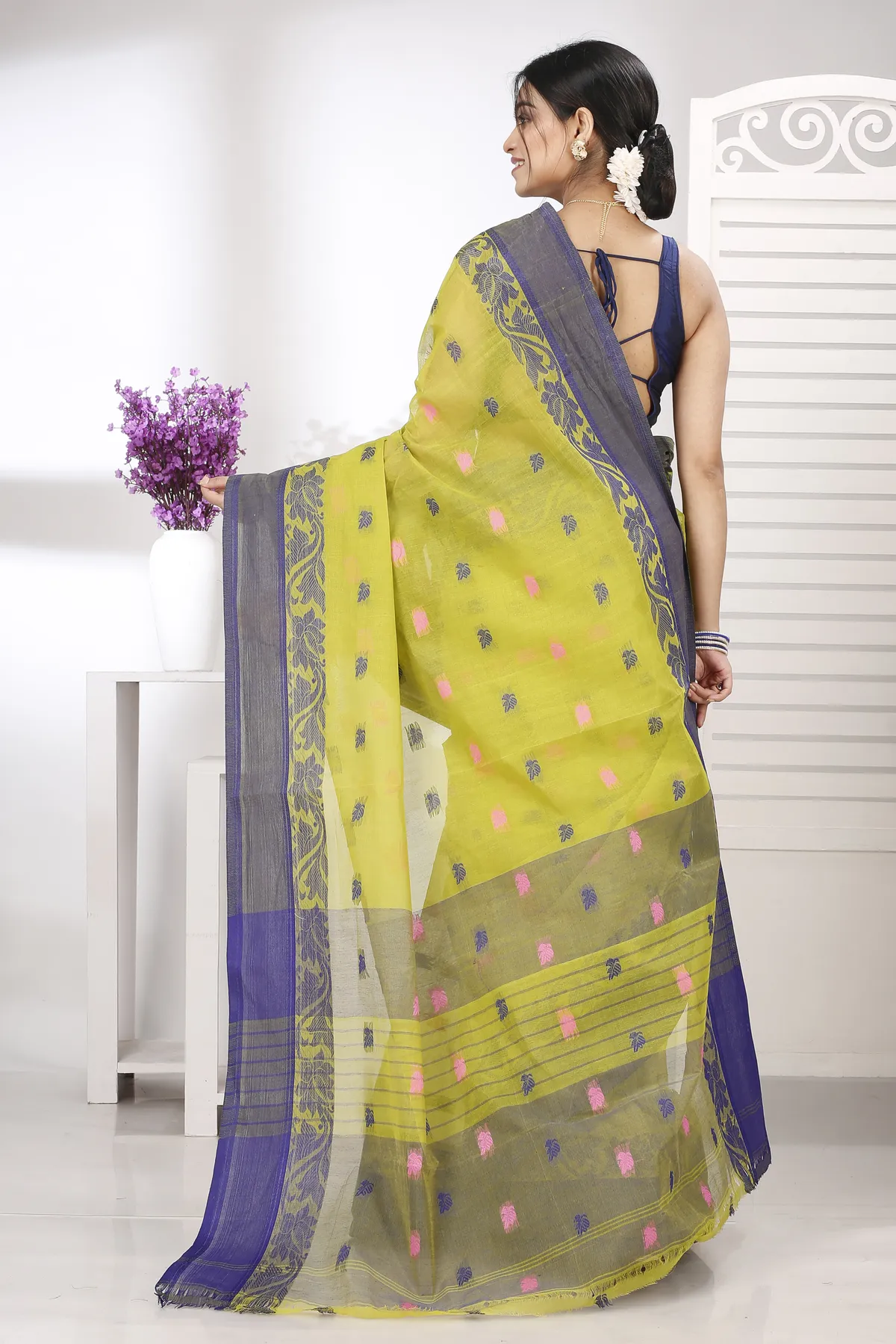 DipDiya Pure Cotton Olive Green Guti Handloom Heritage Tant Sarees