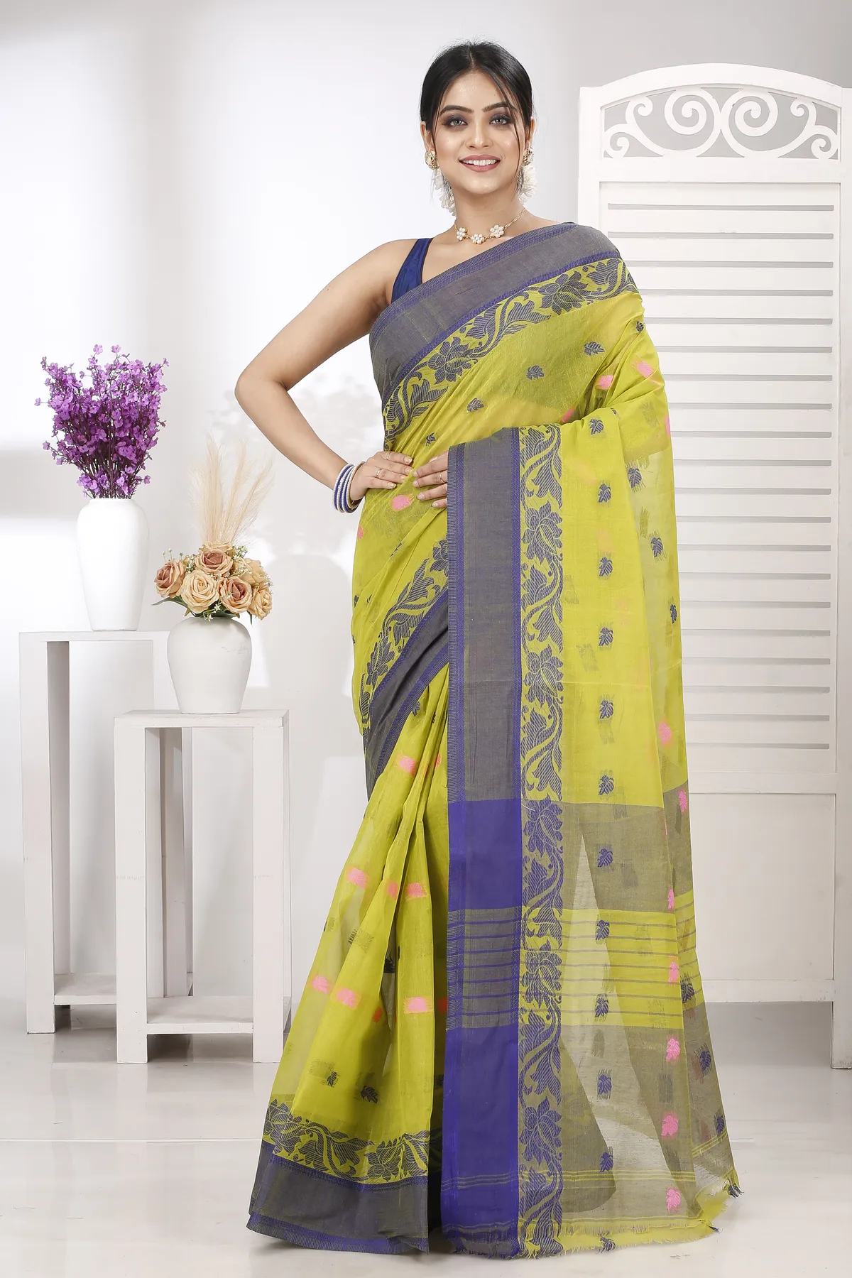 DipDiya Pure Cotton Olive Green Guti Handloom Heritage Tant Sarees