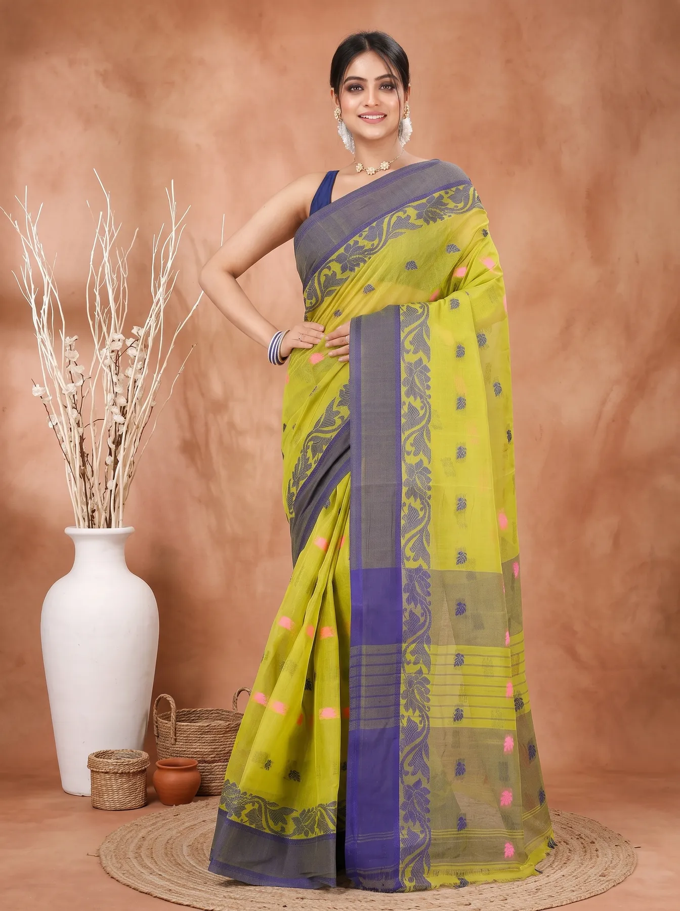 DipDiya Pure Cotton Olive Green Guti Handloom Heritage Tant Sarees