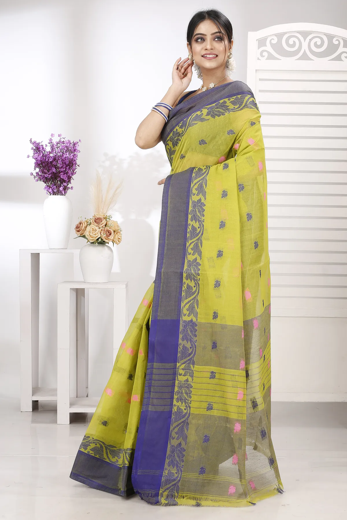 DipDiya Pure Cotton Olive Green Guti Handloom Heritage Tant Sarees