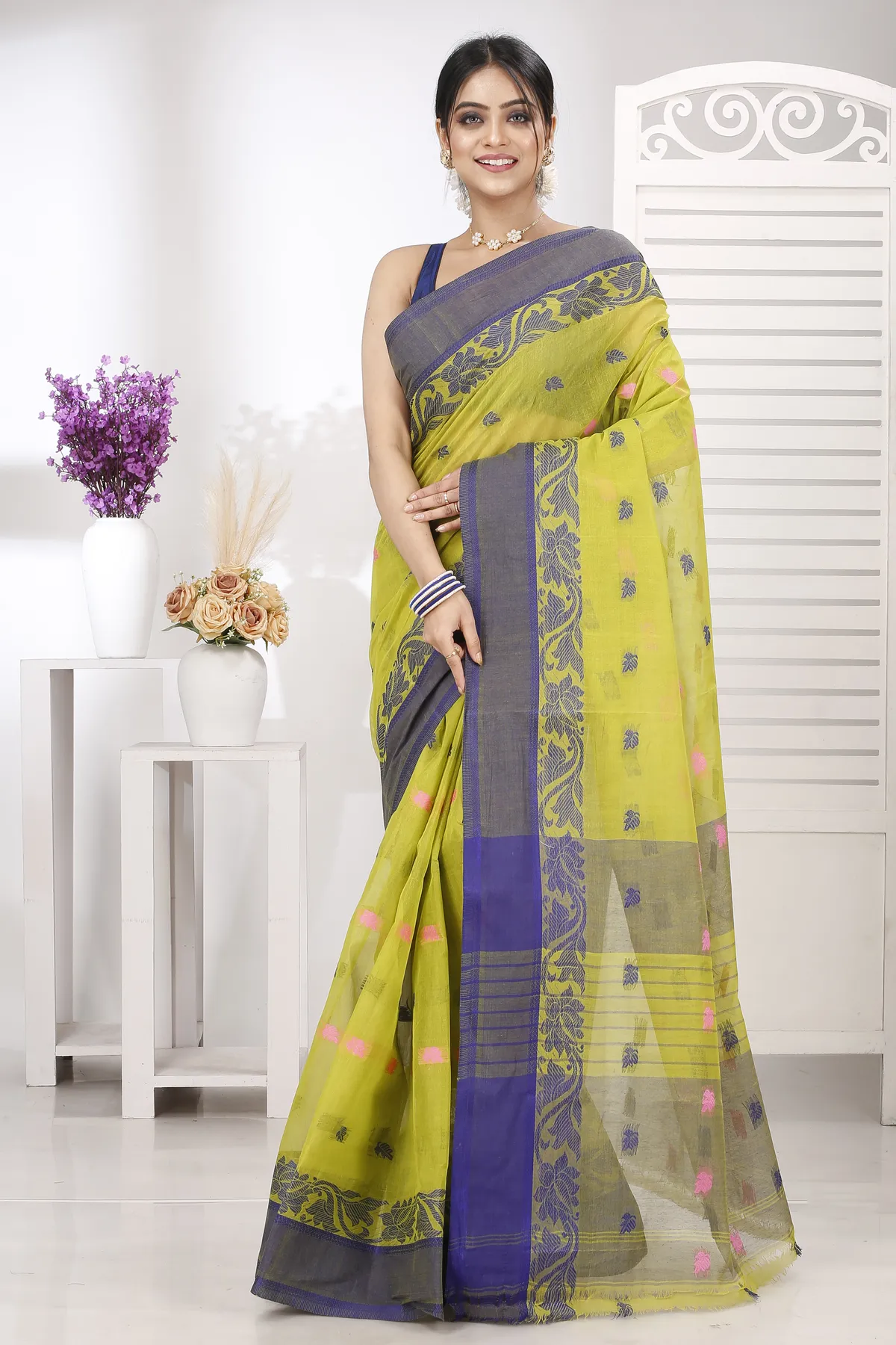 DipDiya Pure Cotton Olive Green Guti Handloom Heritage Tant Sarees