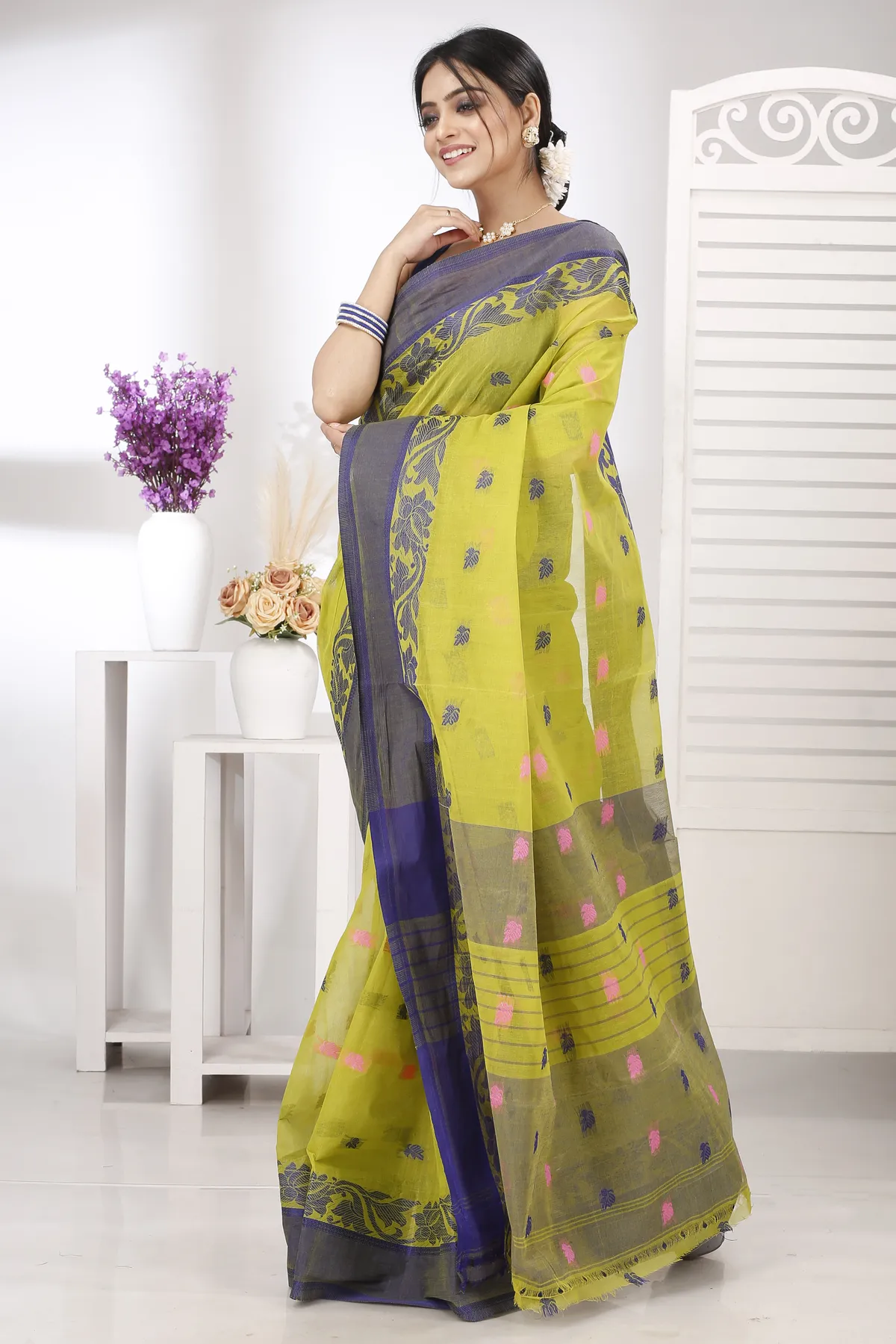 DipDiya Pure Cotton Olive Green Guti Handloom Heritage Tant Sarees