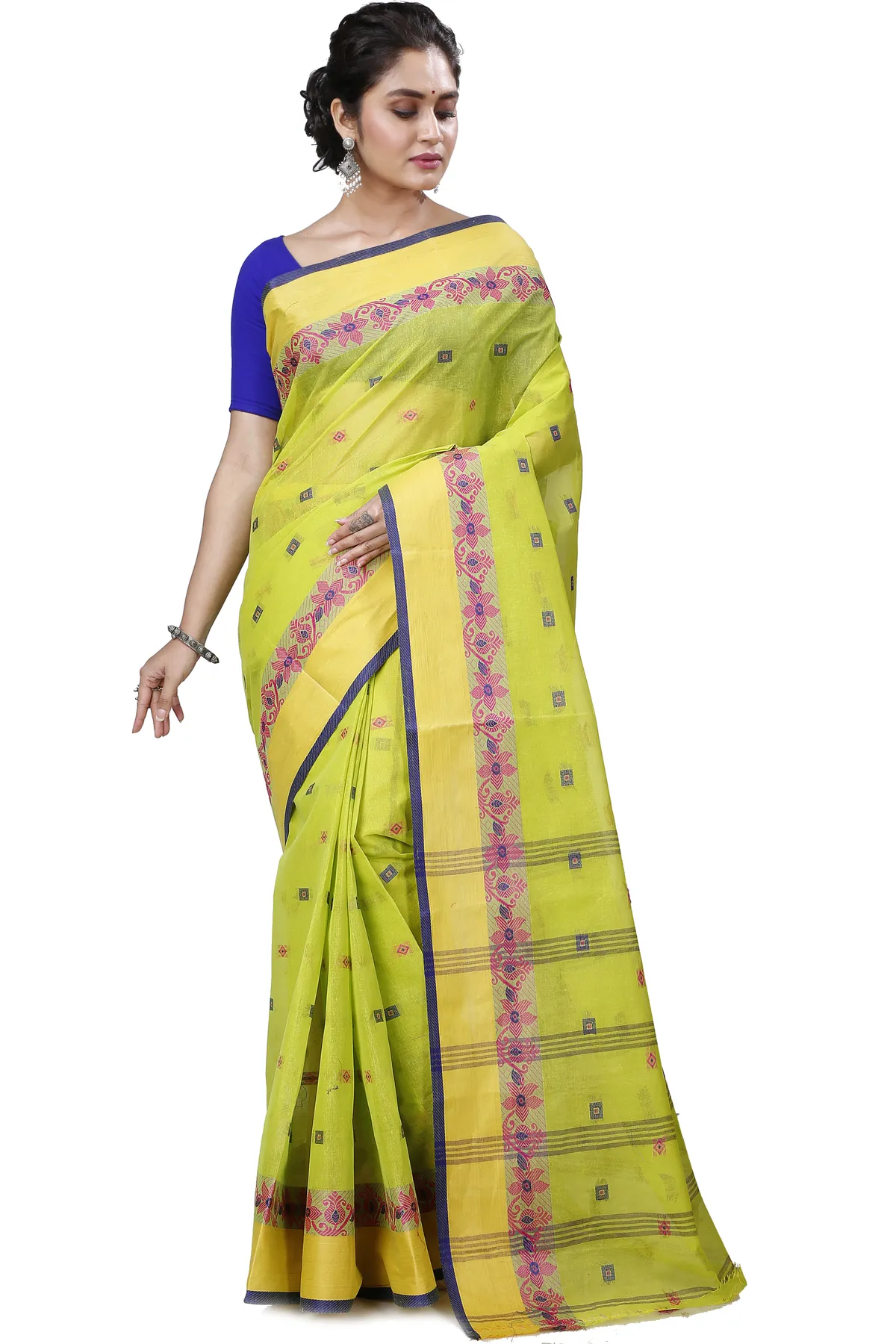DipDiya Pure Cotton Olive Green Ramala Timeless Bengal Tant Sarees