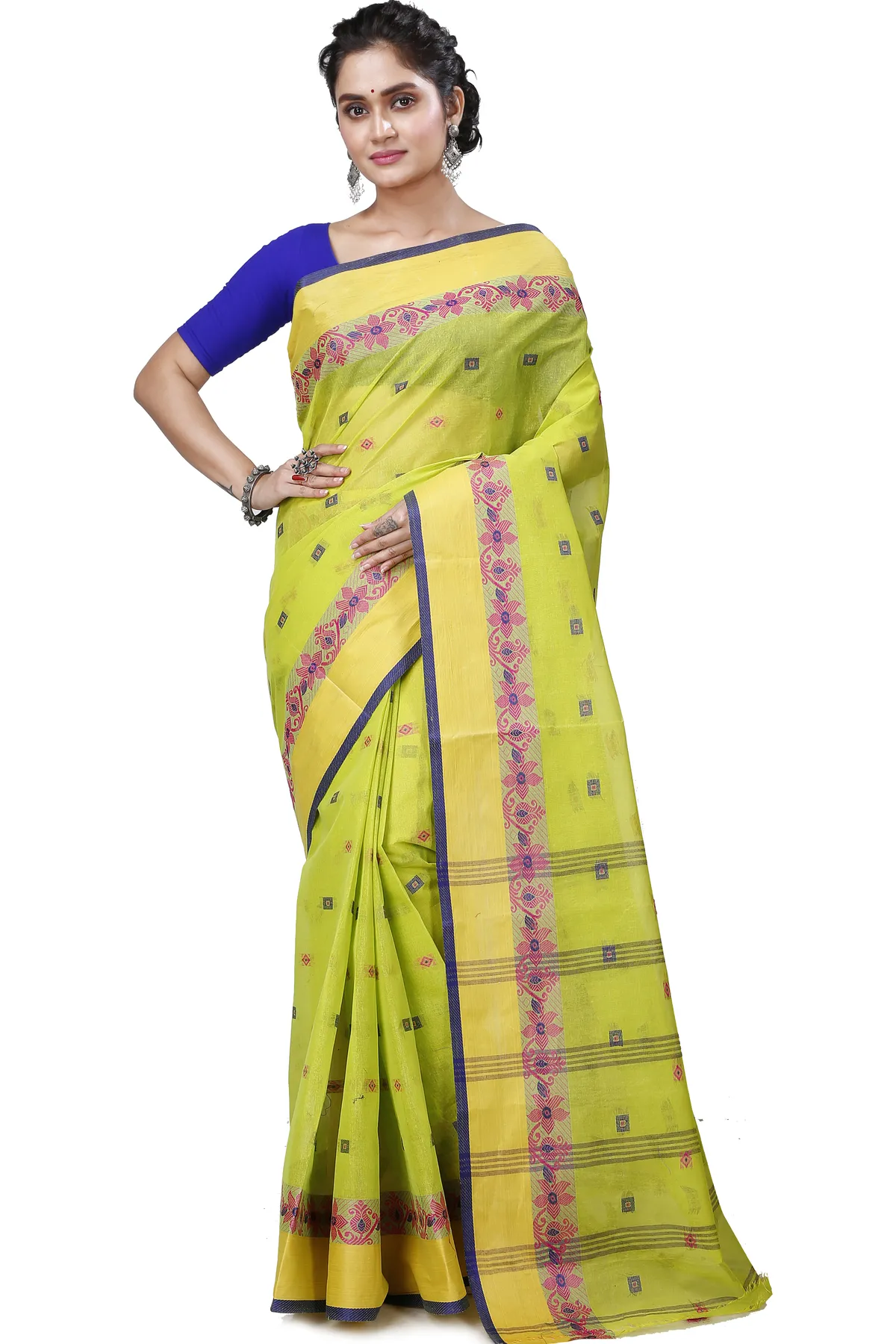 DipDiya Pure Cotton Olive Green Ramala Timeless Bengal Tant Sarees