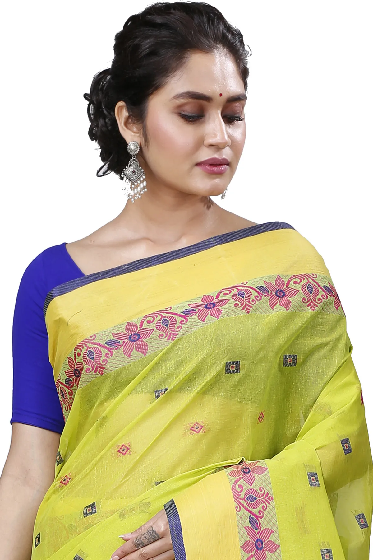 DipDiya Pure Cotton Olive Green Ramala Timeless Bengal Tant Sarees