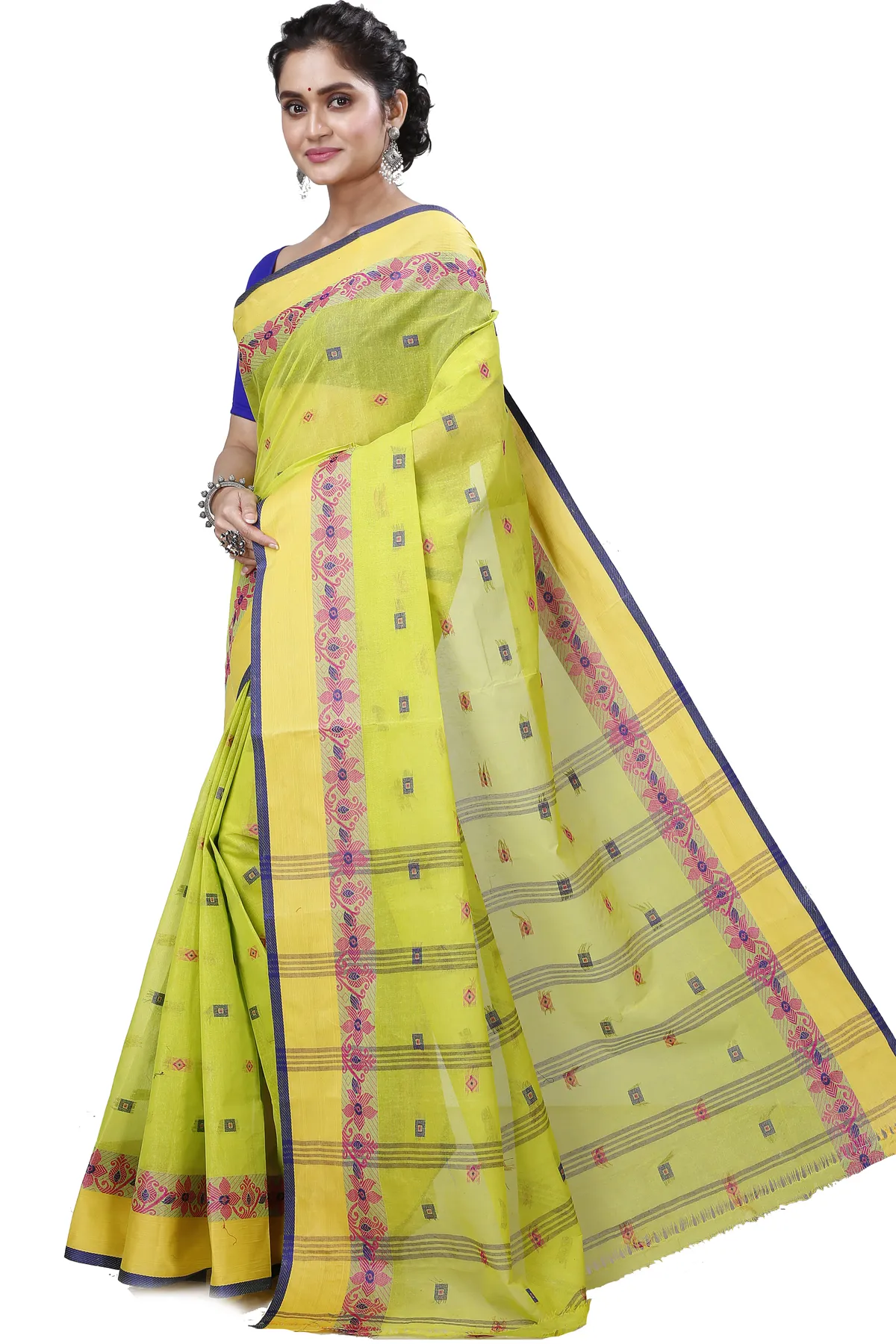 DipDiya Pure Cotton Olive Green Ramala Timeless Bengal Tant Sarees