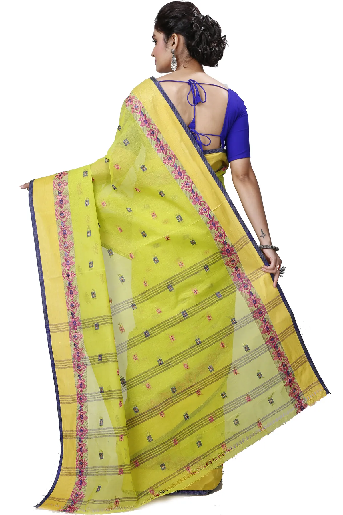 DipDiya Pure Cotton Olive Green Ramala Timeless Bengal Tant Sarees