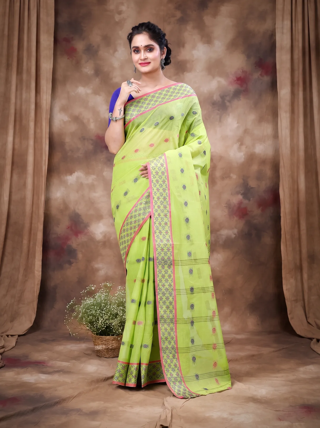 DipDiya Pure Cotton Olive Green Reese Wrapped in Heritage Tant Sarees