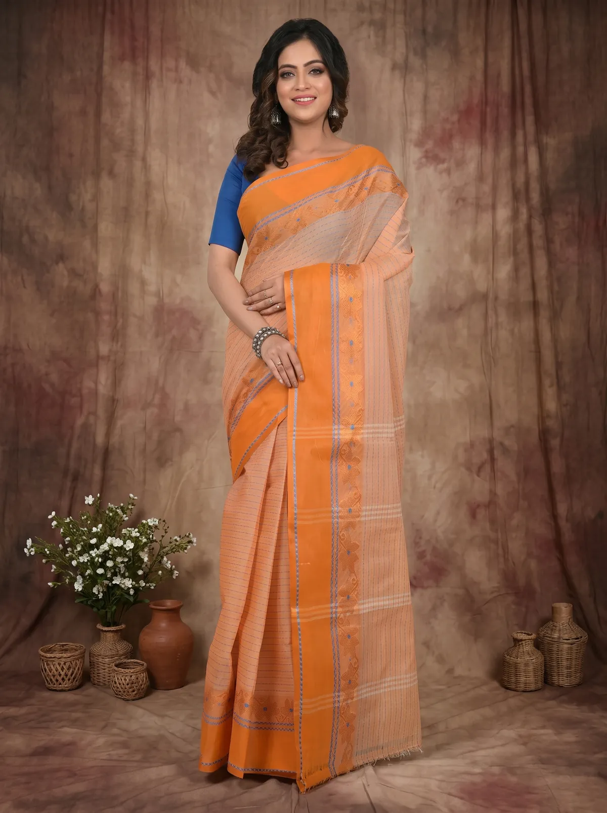 DipDiya Pure Cotton Orange Achpan Heritage Elegance Tant Sarees