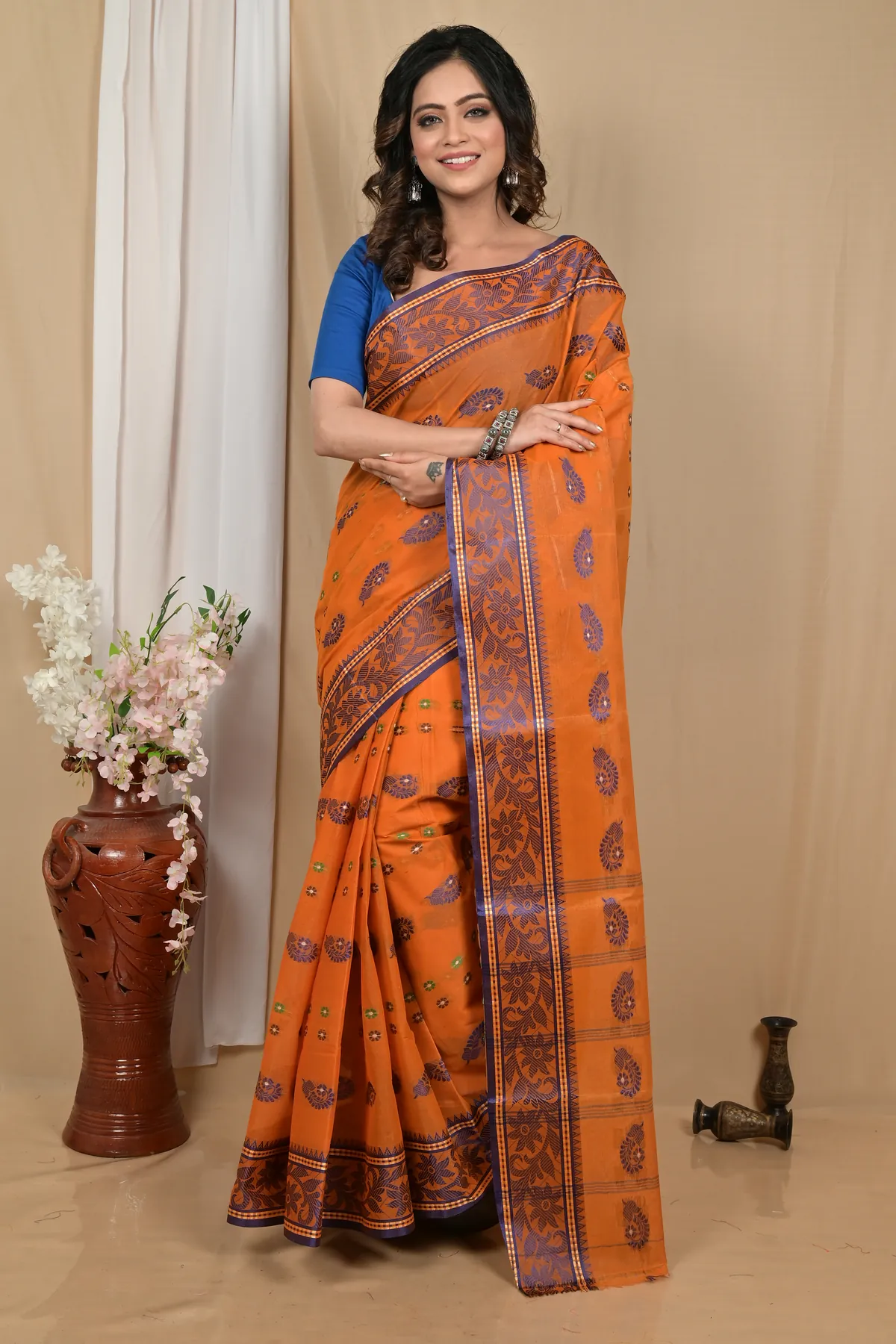 DipDiya Pure Cotton Orange Achrol Threads of Tradition Tant Sarees