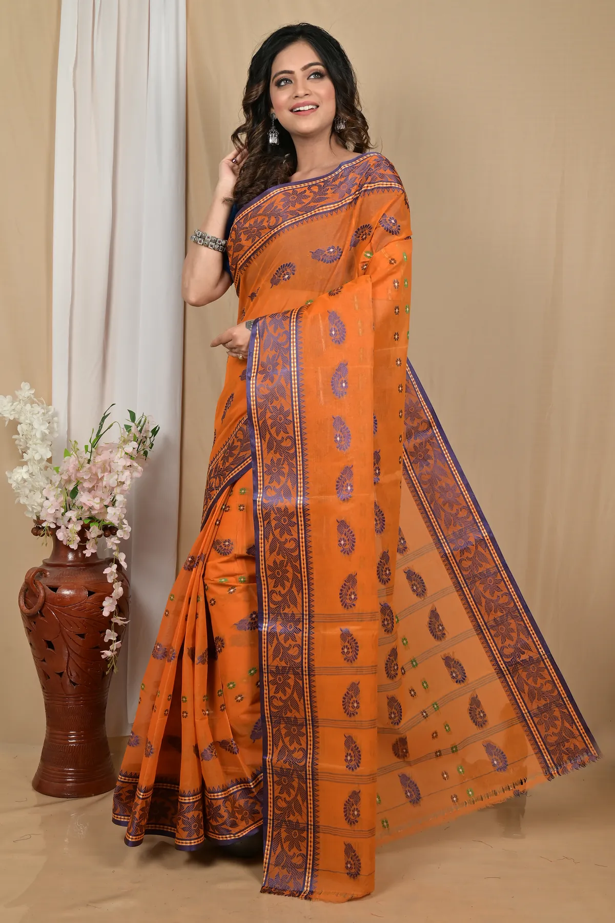 DipDiya Pure Cotton Orange Achrol Threads of Tradition Tant Sarees