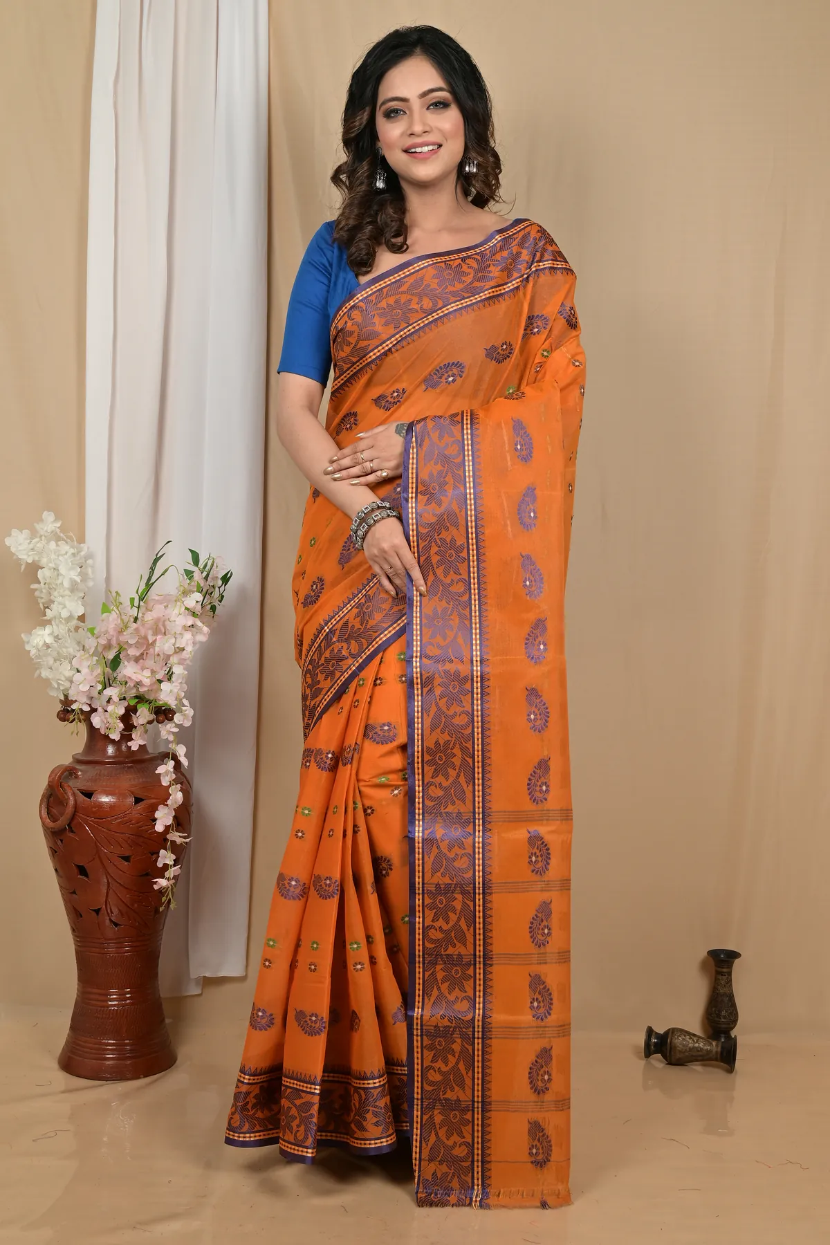 DipDiya Pure Cotton Orange Achrol Threads of Tradition Tant Sarees