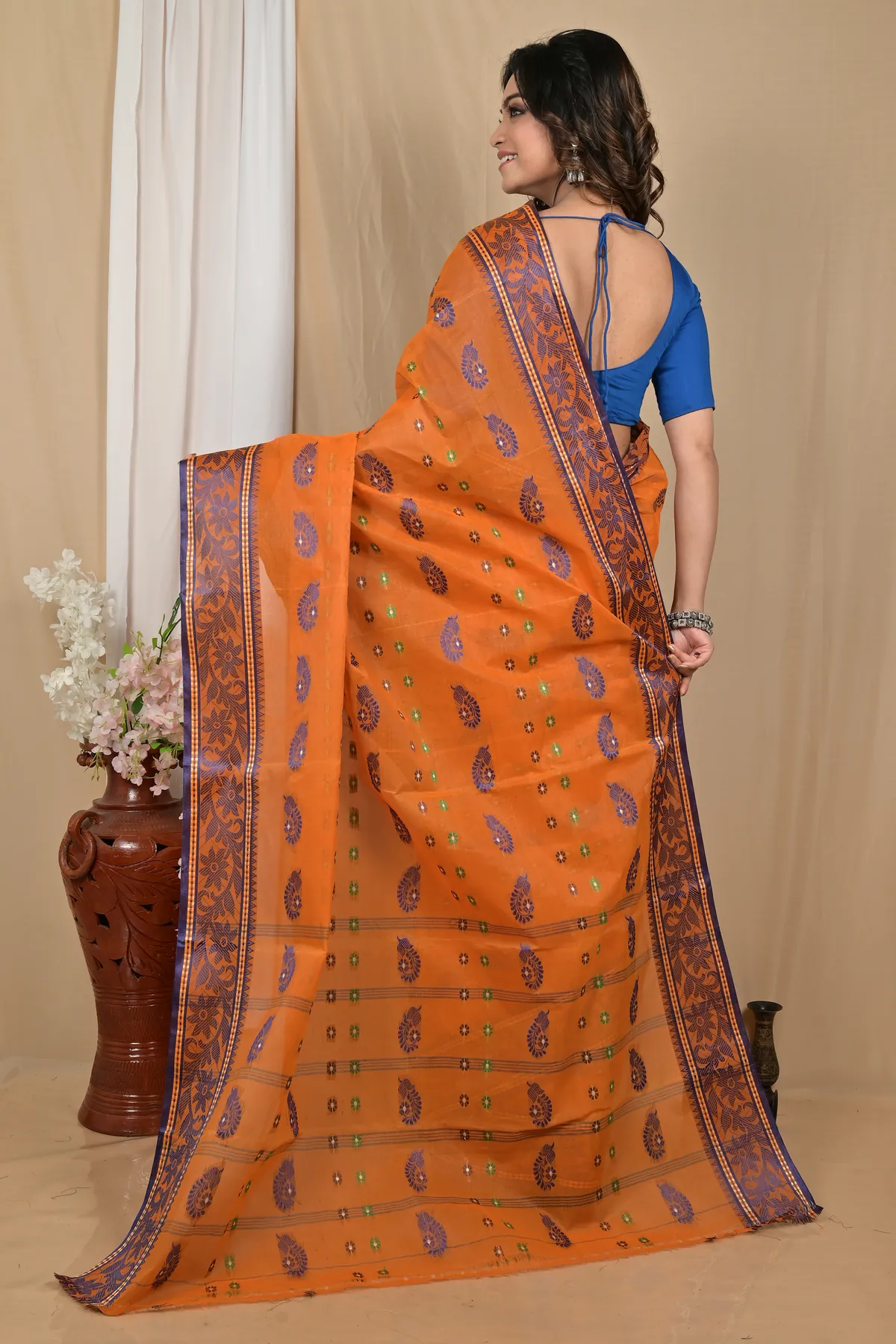 DipDiya Pure Cotton Orange Achrol Threads of Tradition Tant Sarees