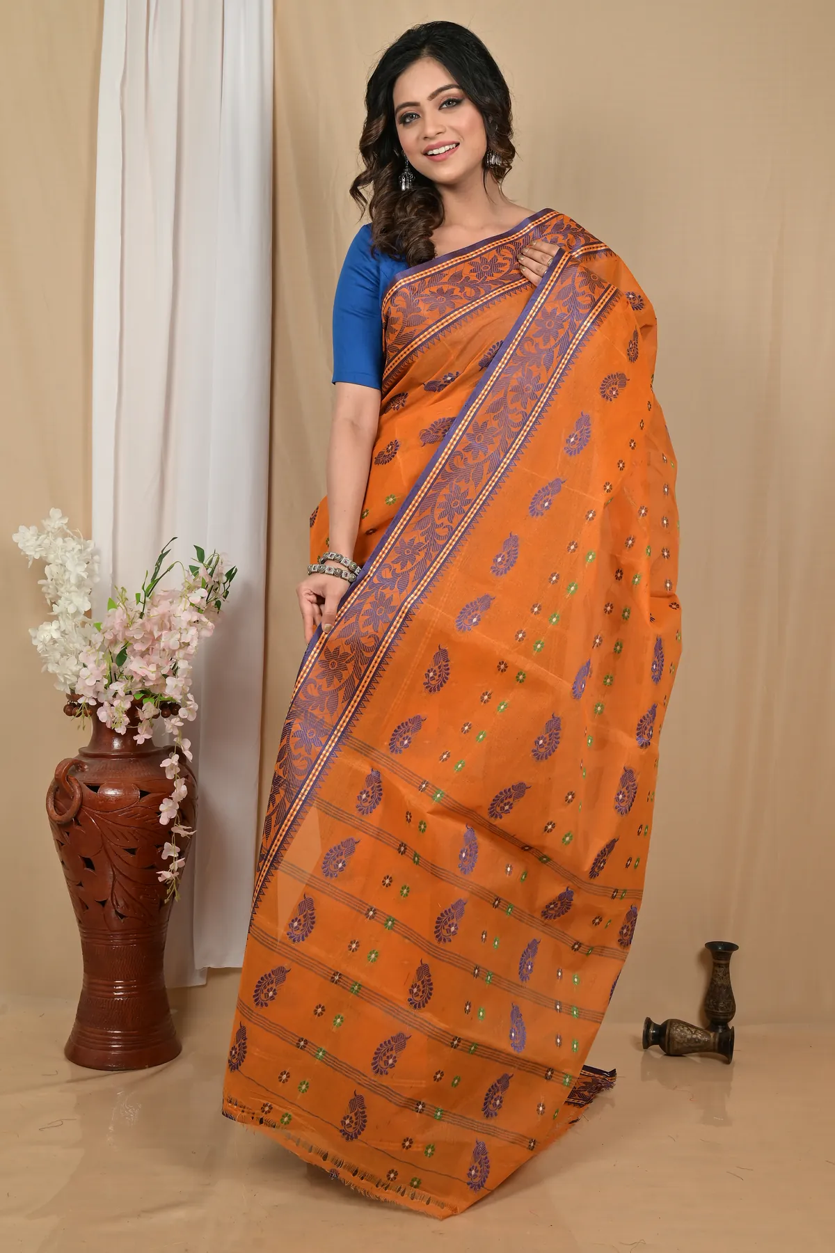 DipDiya Pure Cotton Orange Achrol Threads of Tradition Tant Sarees