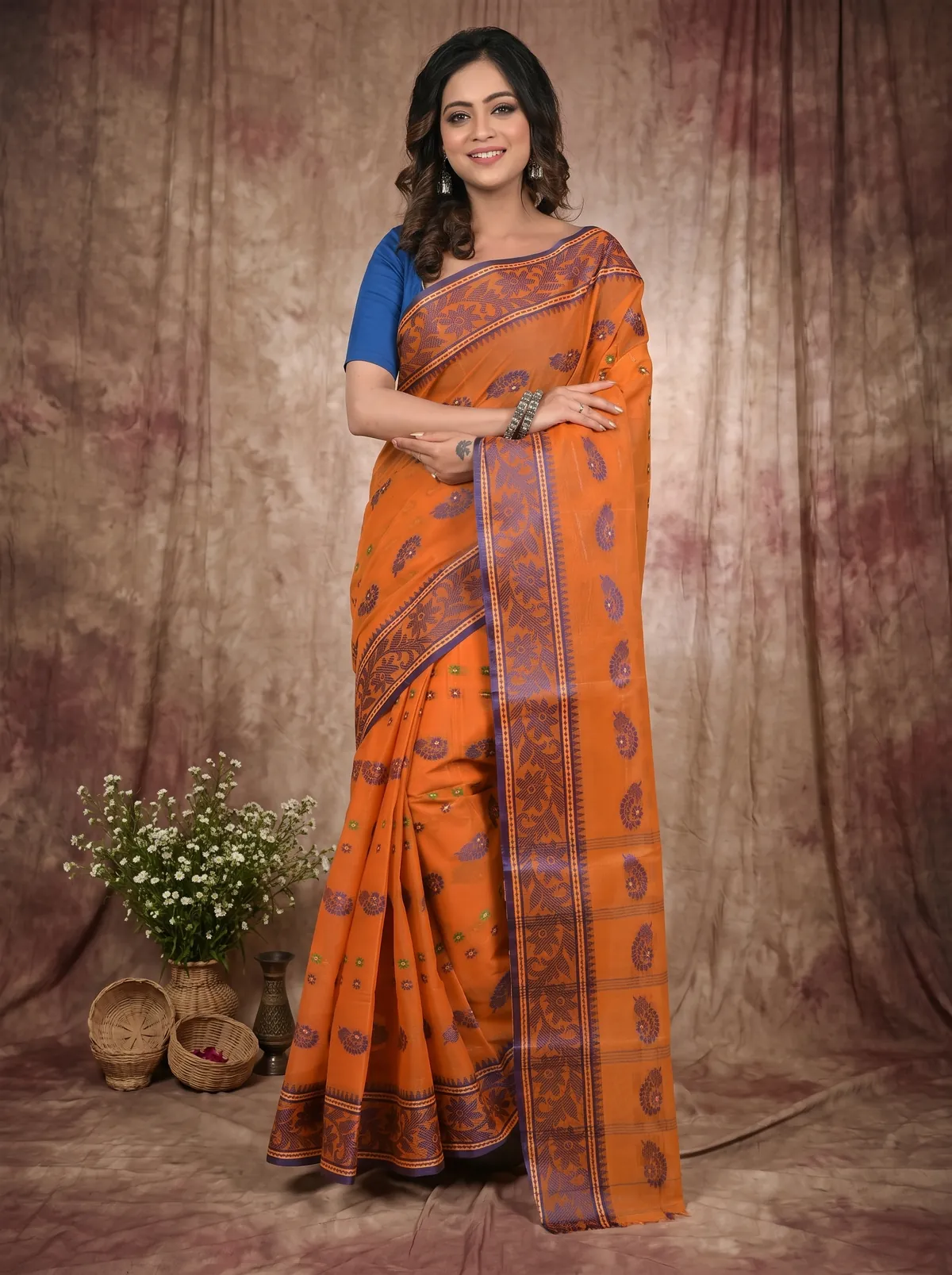 DipDiya Pure Cotton Orange Achrol Threads of Tradition Tant Sarees