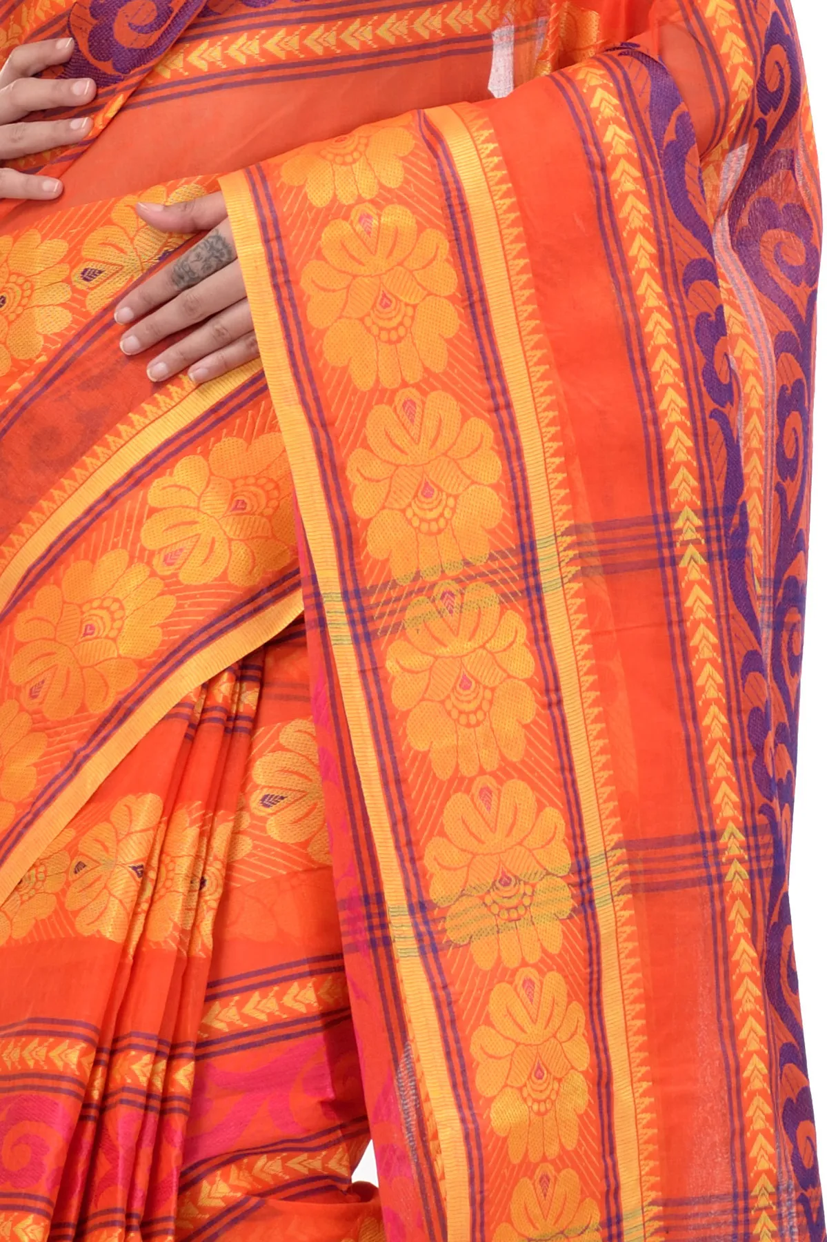 DipDiya Pure Cotton Orange Aditi Desiging Crafted in Bengal Tant Sarees
