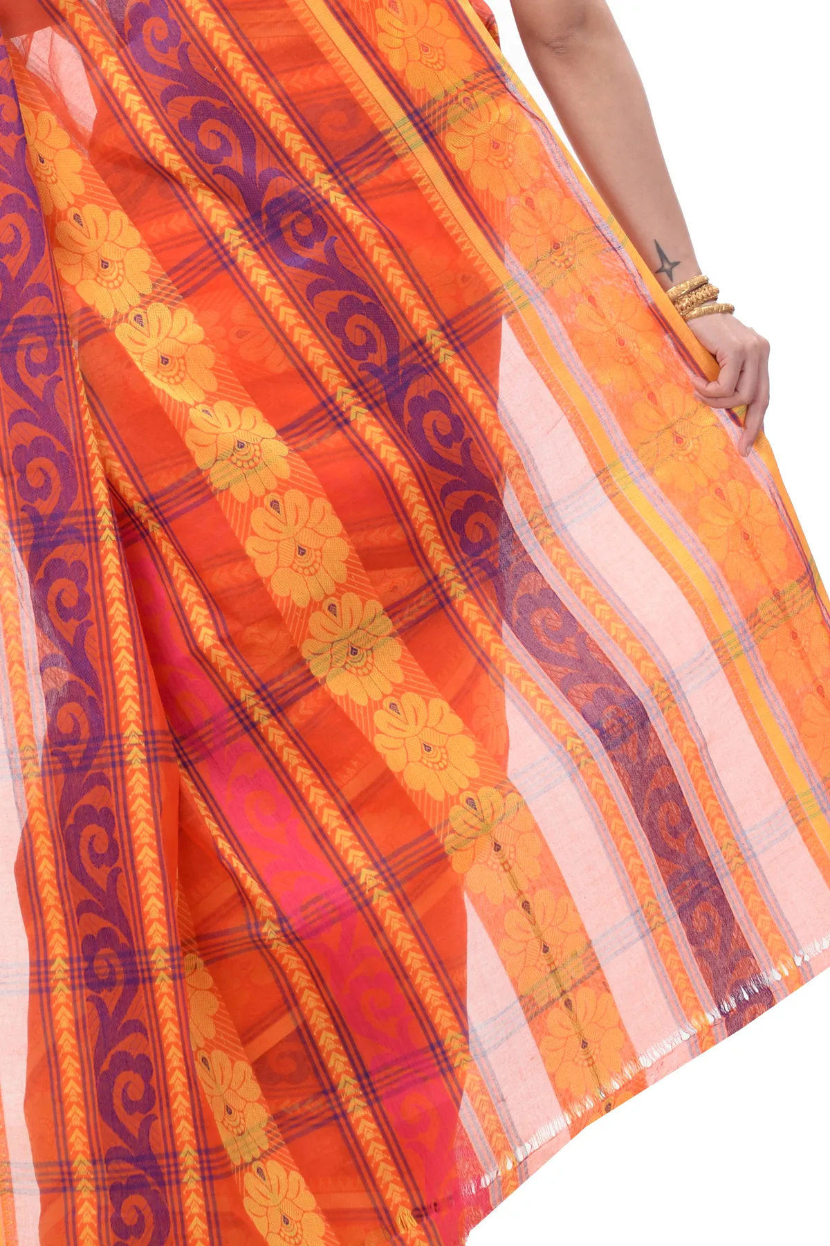DipDiya Pure Cotton Orange Aditi Desiging Crafted in Bengal Tant Sarees
