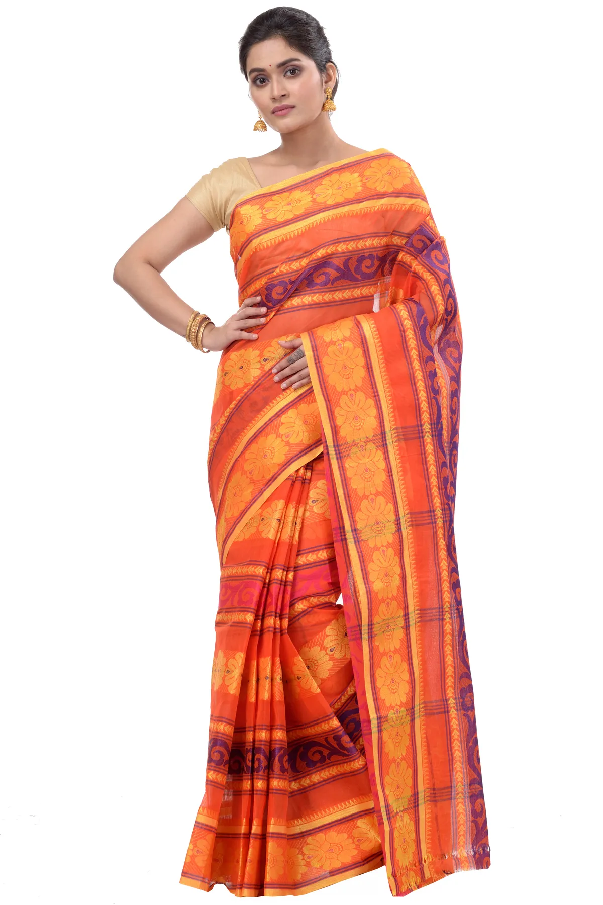 DipDiya Pure Cotton Orange Aditi Desiging Crafted in Bengal Tant Sarees
