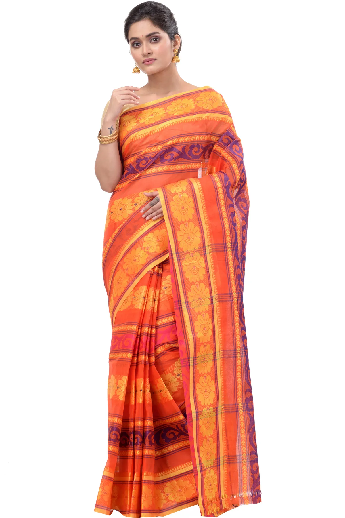 DipDiya Pure Cotton Orange Aditi Desiging Crafted in Bengal Tant Sarees