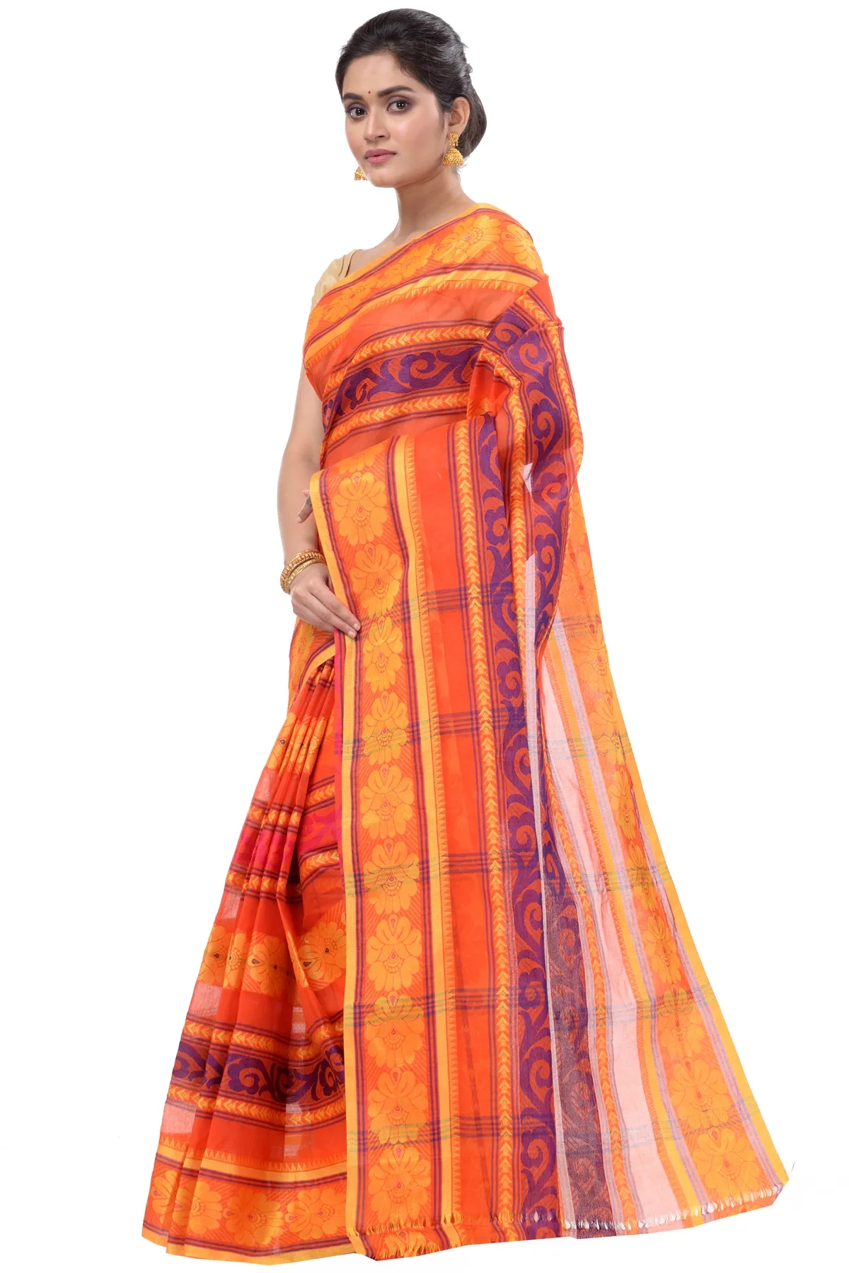 DipDiya Pure Cotton Orange Aditi Desiging Crafted in Bengal Tant Sarees