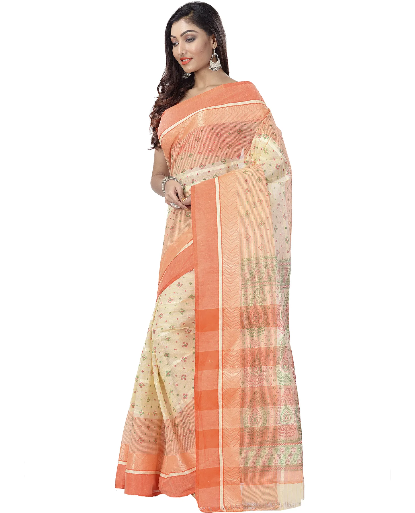 DipDiya Pure Cotton Orange ANARKOLI PRINT Artisan Woven Printed Tant Sarees