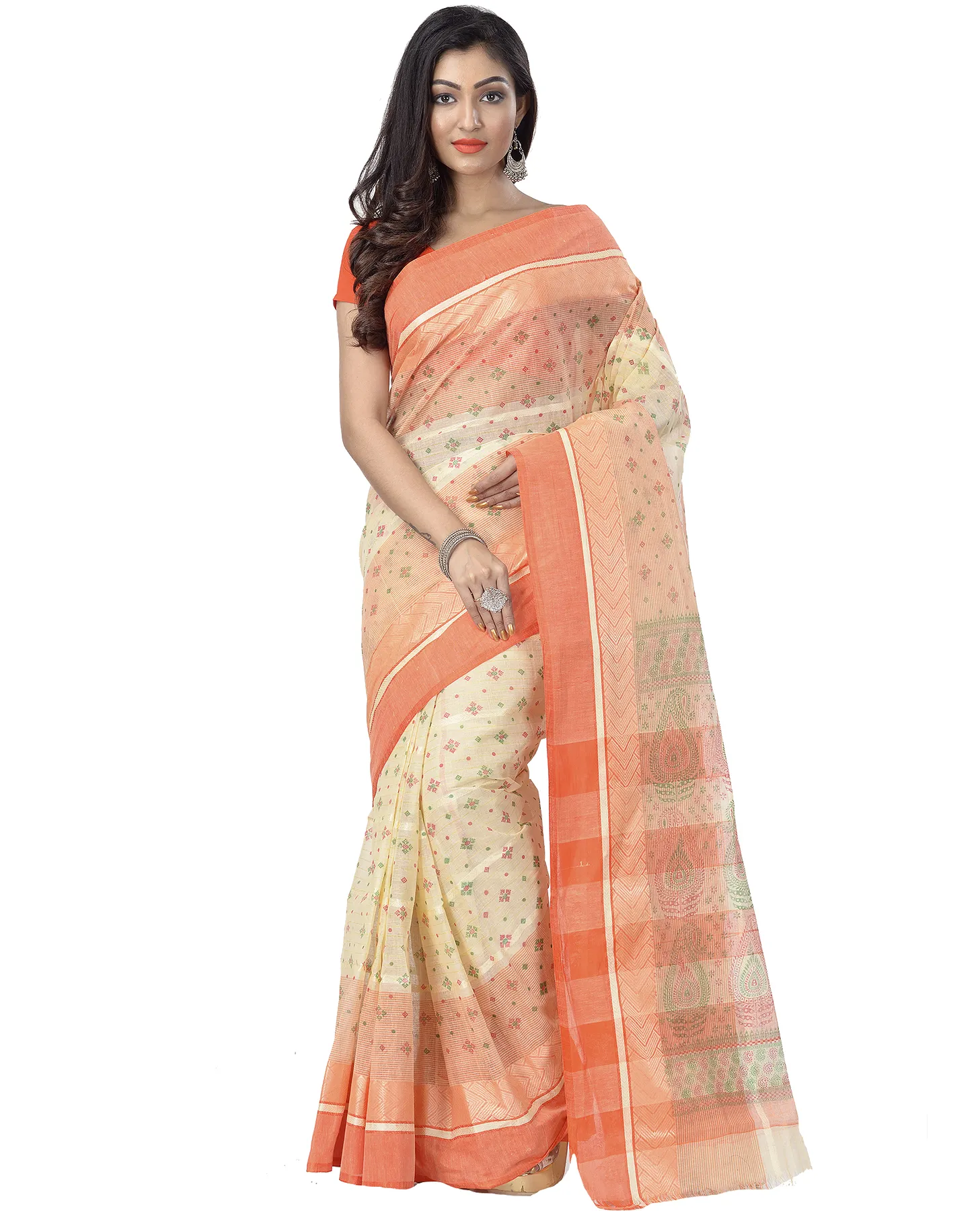 DipDiya Pure Cotton Orange ANARKOLI PRINT Artisan Woven Printed Tant Sarees