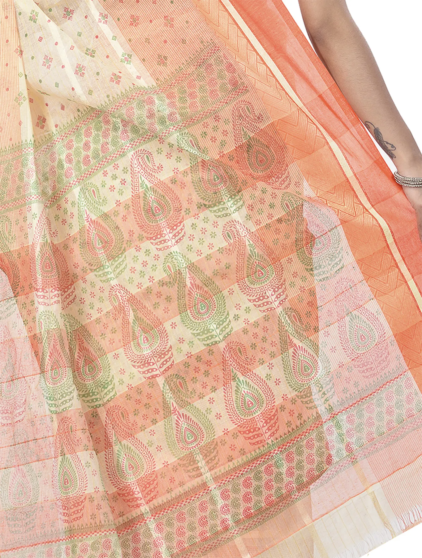 DipDiya Pure Cotton Orange ANARKOLI PRINT Artisan Woven Printed Tant Sarees