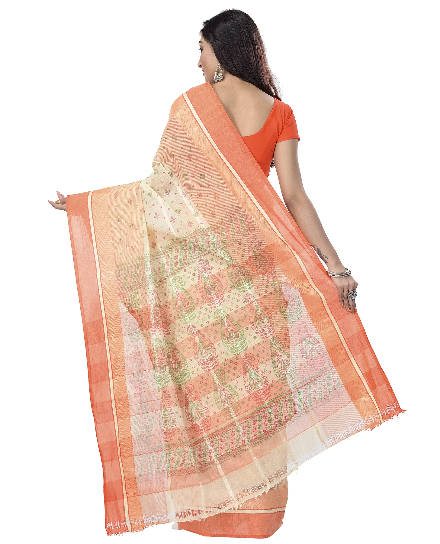 DipDiya Pure Cotton Orange ANARKOLI PRINT Artisan Woven Printed Tant Sarees