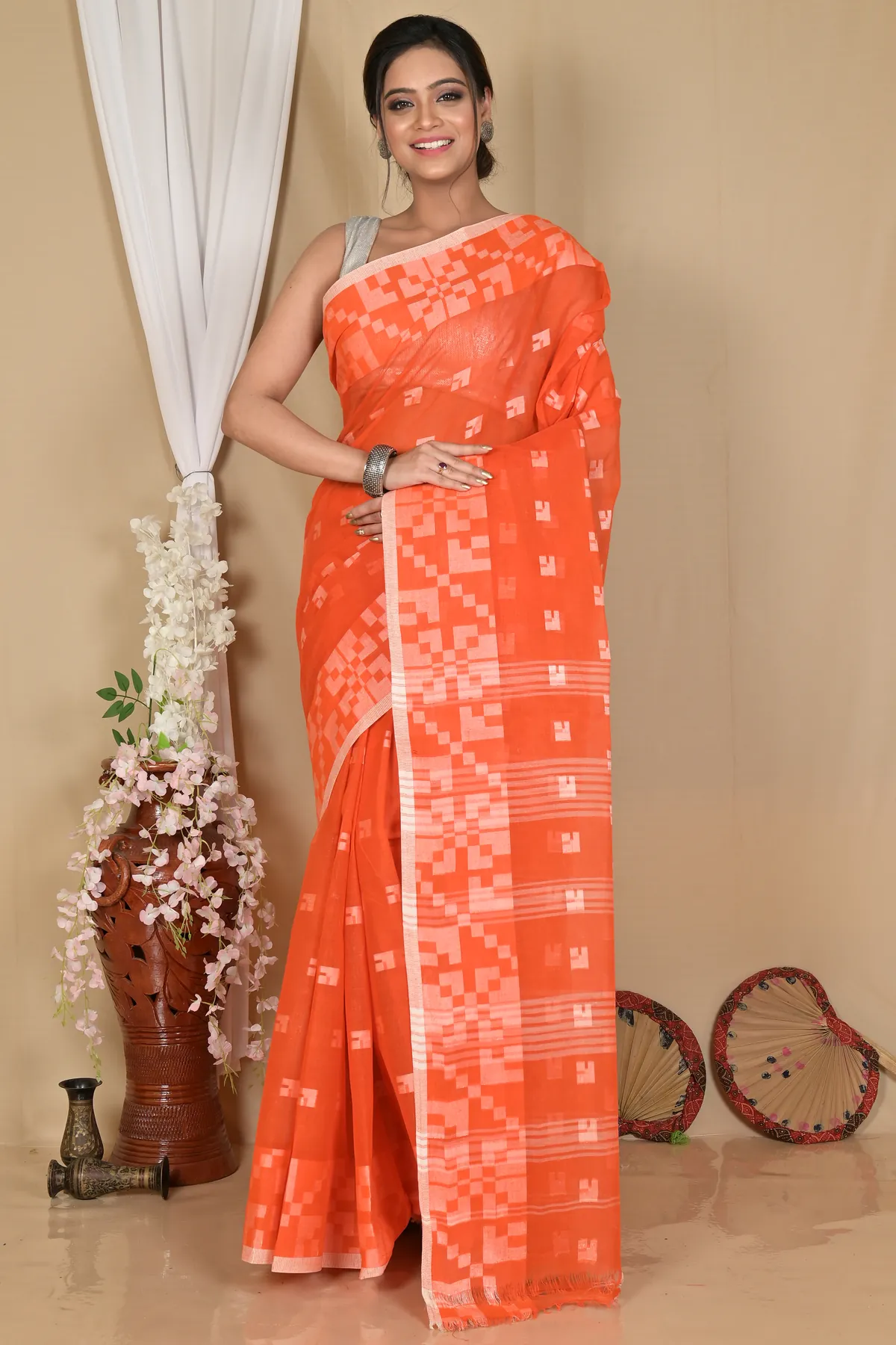 DipDiya Pure Cotton Orange Aptuk Woven with Love Tant Sarees