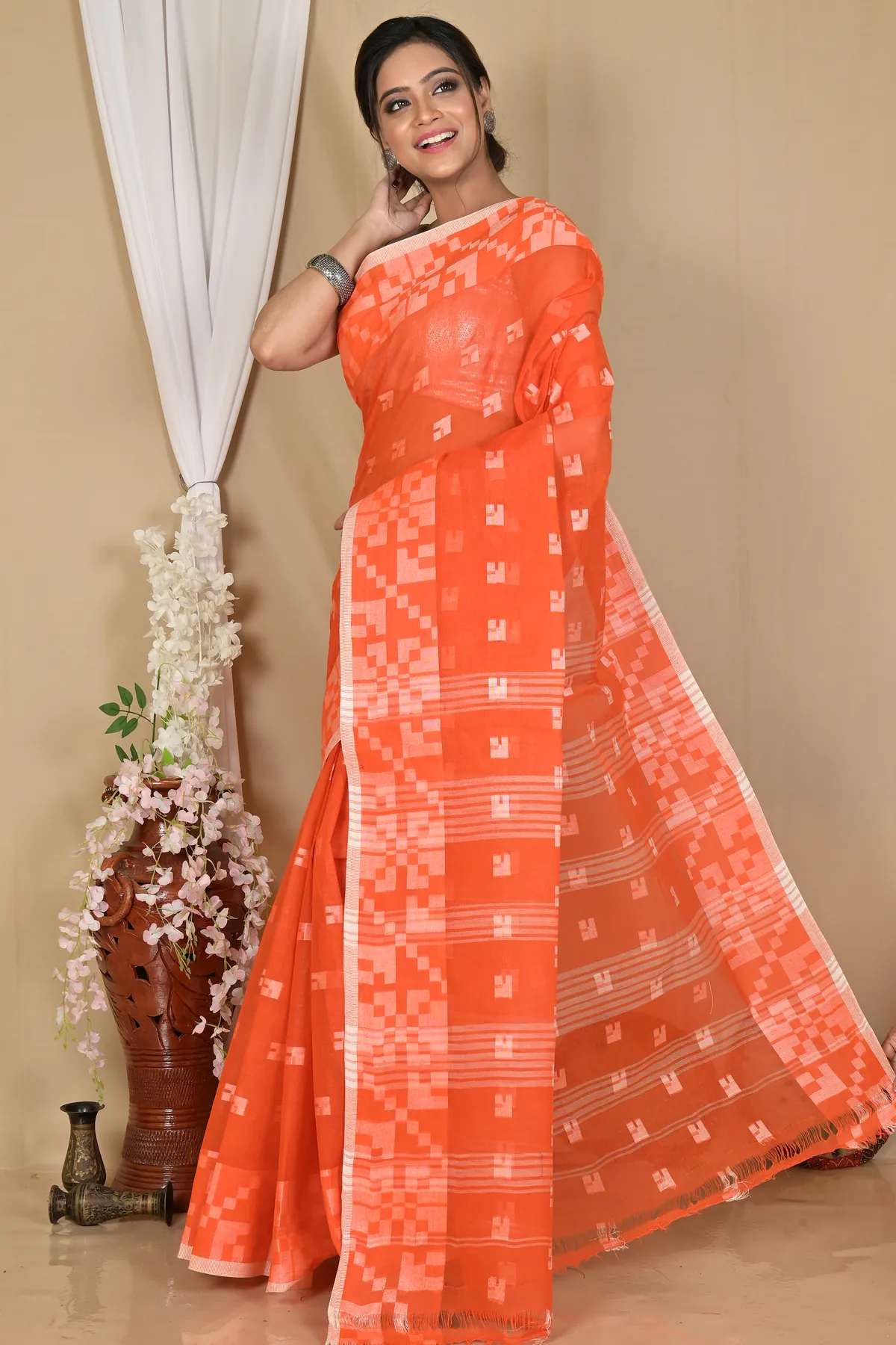 DipDiya Pure Cotton Orange Aptuk Woven with Love Tant Sarees