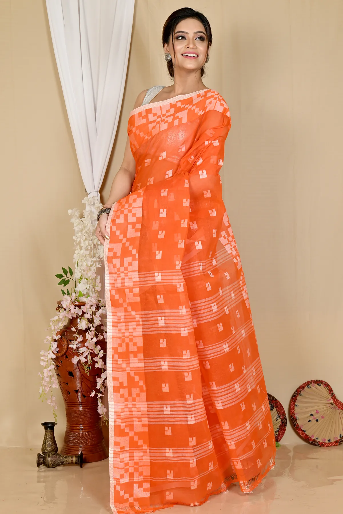 DipDiya Pure Cotton Orange Aptuk Woven with Love Tant Sarees