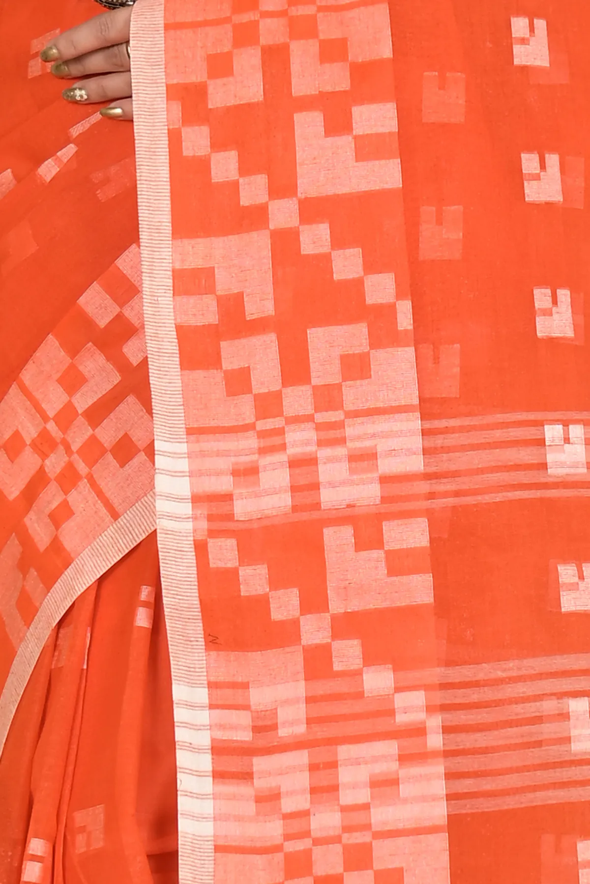 DipDiya Pure Cotton Orange Aptuk Woven with Love Tant Sarees