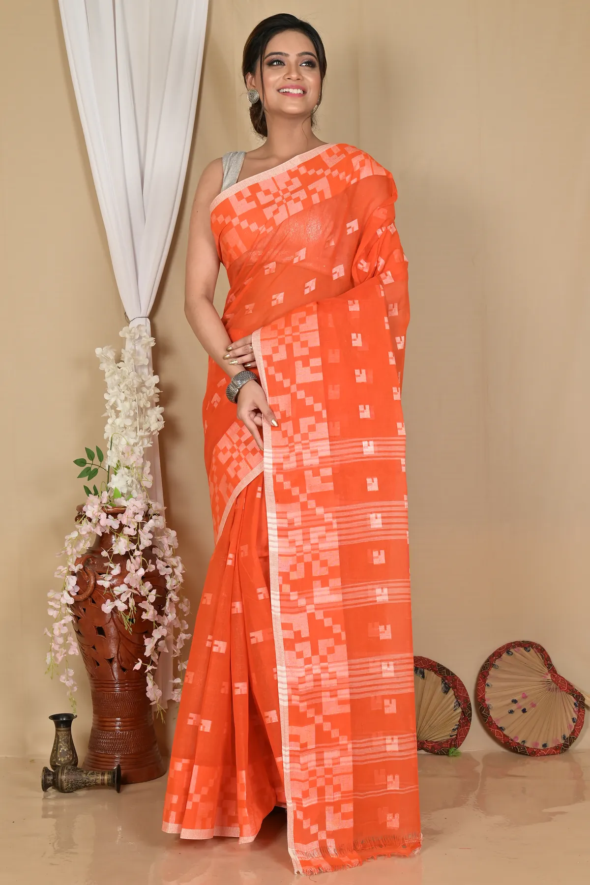 DipDiya Pure Cotton Orange Aptuk Woven with Love Tant Sarees
