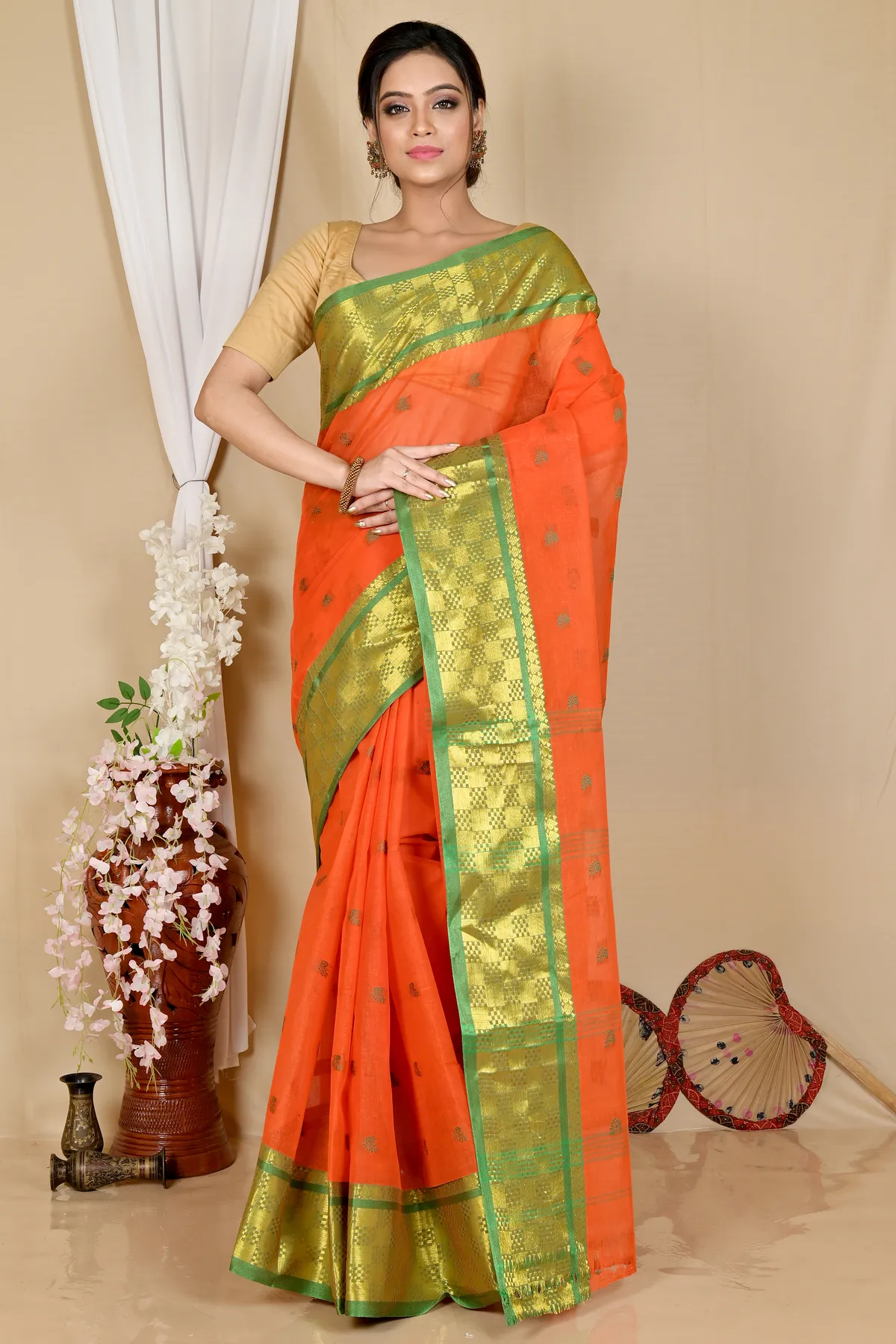DipDiya Pure Cotton Orange Atula Bengal in Every Thread Tant Sarees