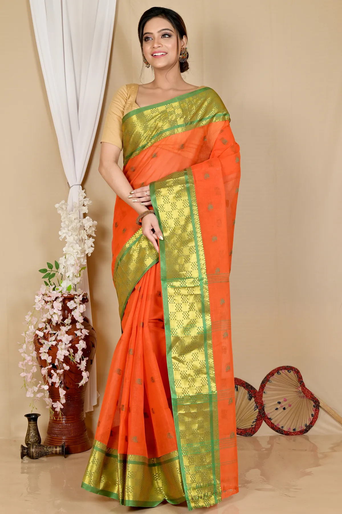DipDiya Pure Cotton Orange Atula Bengal in Every Thread Tant Sarees
