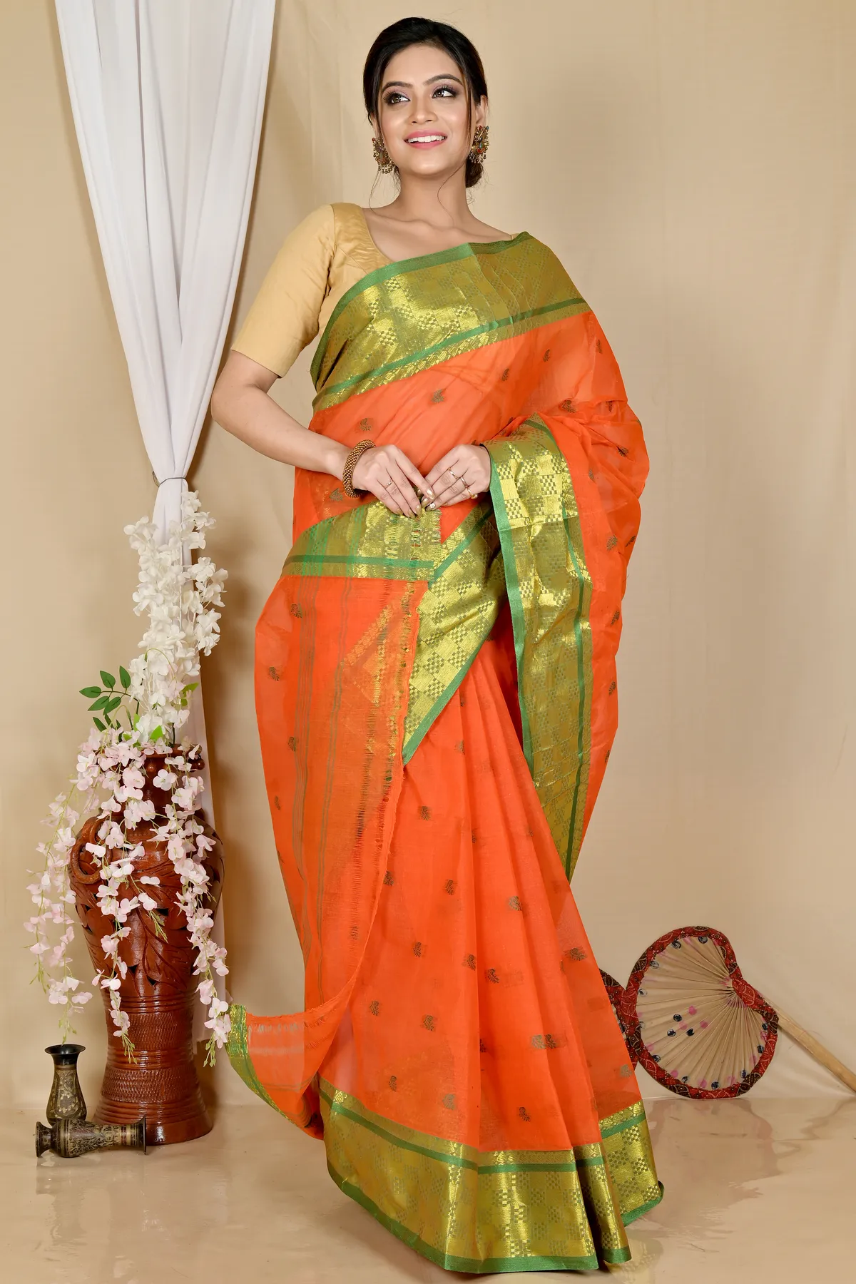 DipDiya Pure Cotton Orange Atula Bengal in Every Thread Tant Sarees