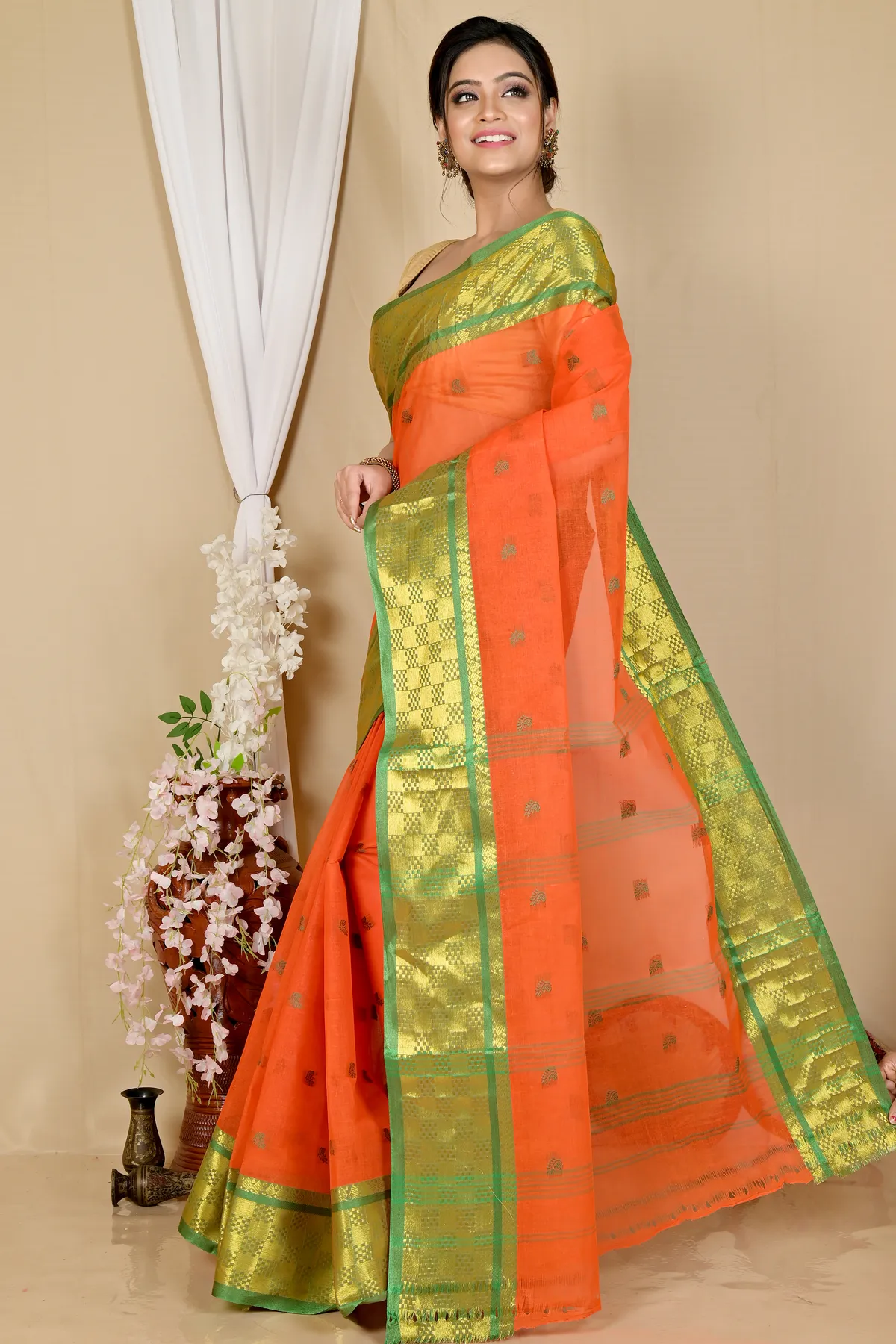 DipDiya Pure Cotton Orange Atula Bengal in Every Thread Tant Sarees