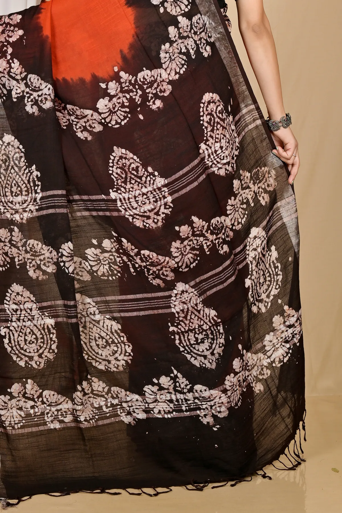 DipDiya Pure Cotton Orange Black Batikato Essence of Bengal Batik Print Sarees