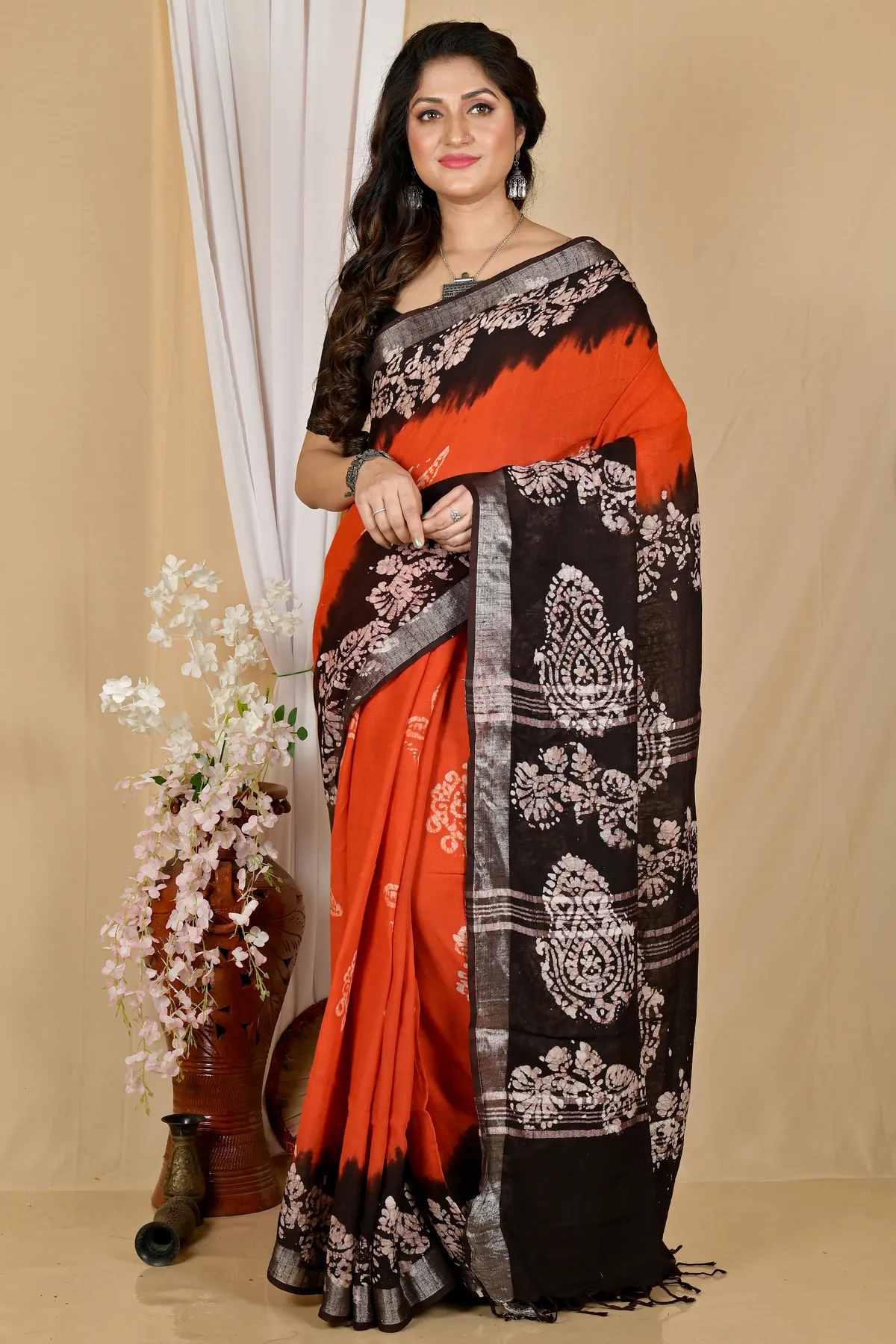 DipDiya Pure Cotton Orange Black Batikato Essence of Bengal Batik Print Sarees