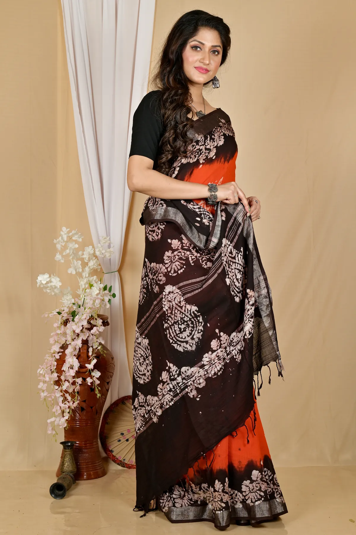 DipDiya Pure Cotton Orange Black Batikato Essence of Bengal Batik Print Sarees