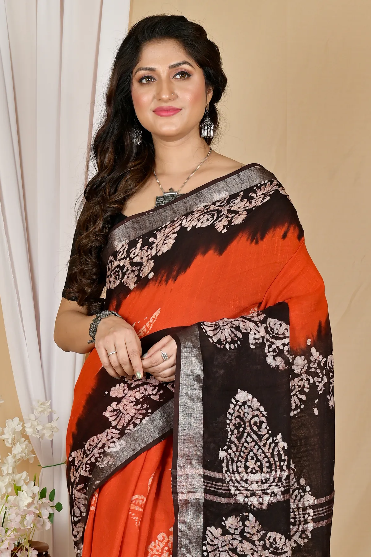 DipDiya Pure Cotton Orange Black Batikato Essence of Bengal Batik Print Sarees