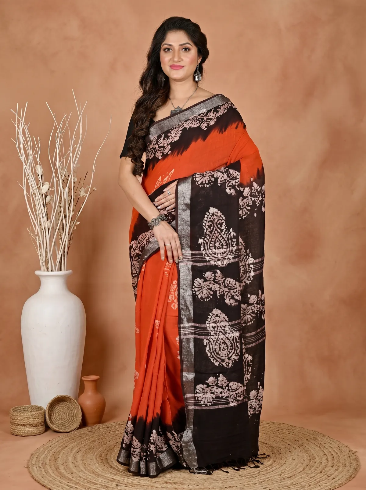 DipDiya Pure Cotton Orange Black Batikato Essence of Bengal Batik Print Sarees