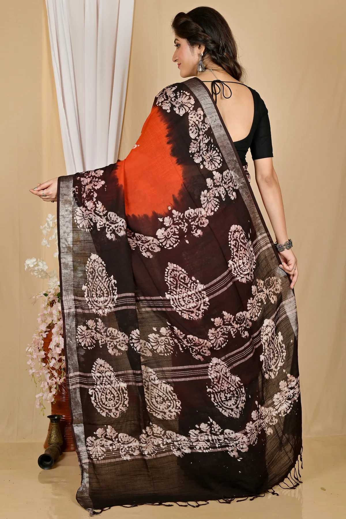 DipDiya Pure Cotton Orange Black Batikato Essence of Bengal Batik Print Sarees