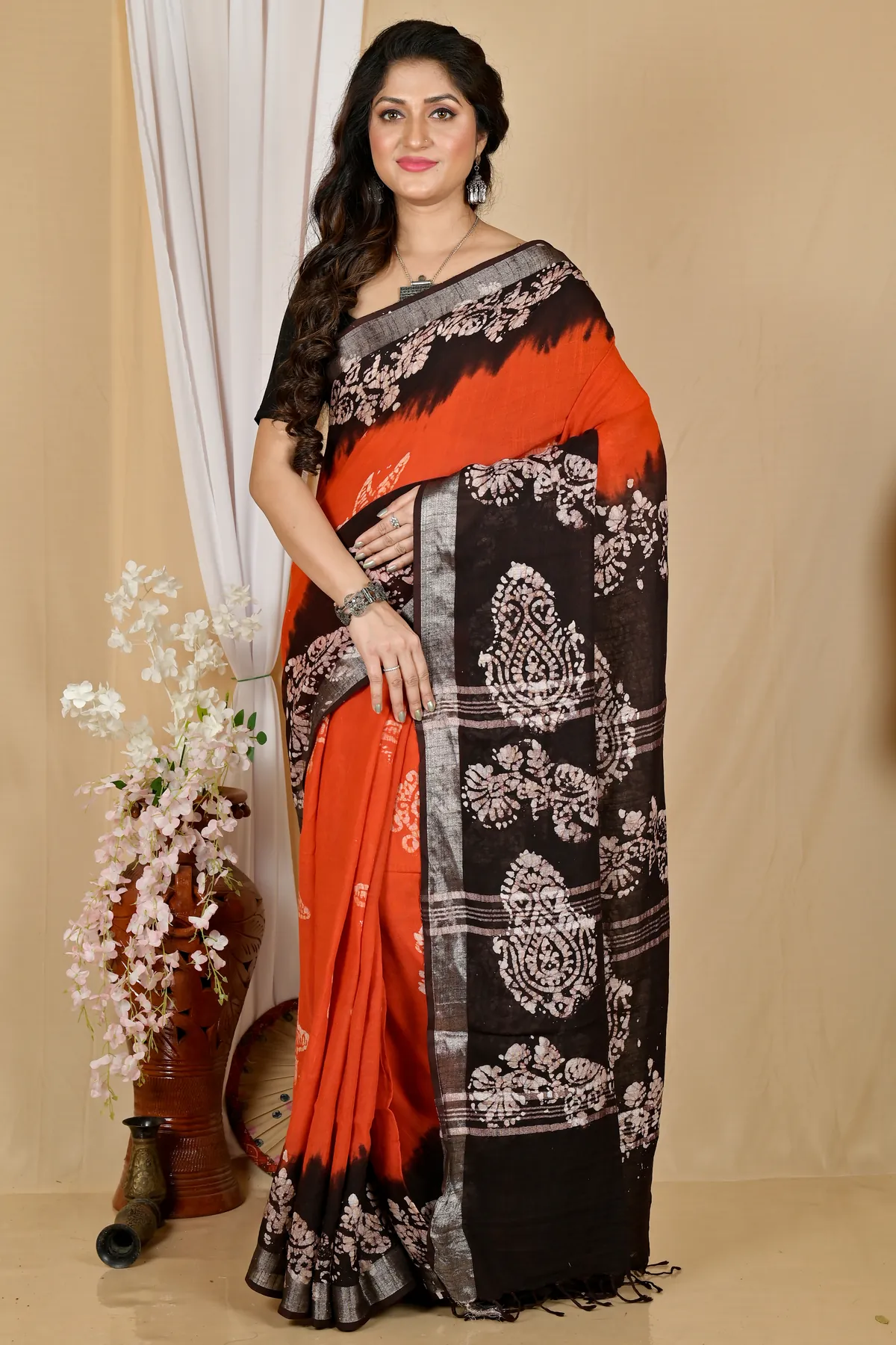DipDiya Pure Cotton Orange Black Batikato Essence of Bengal Batik Print Sarees